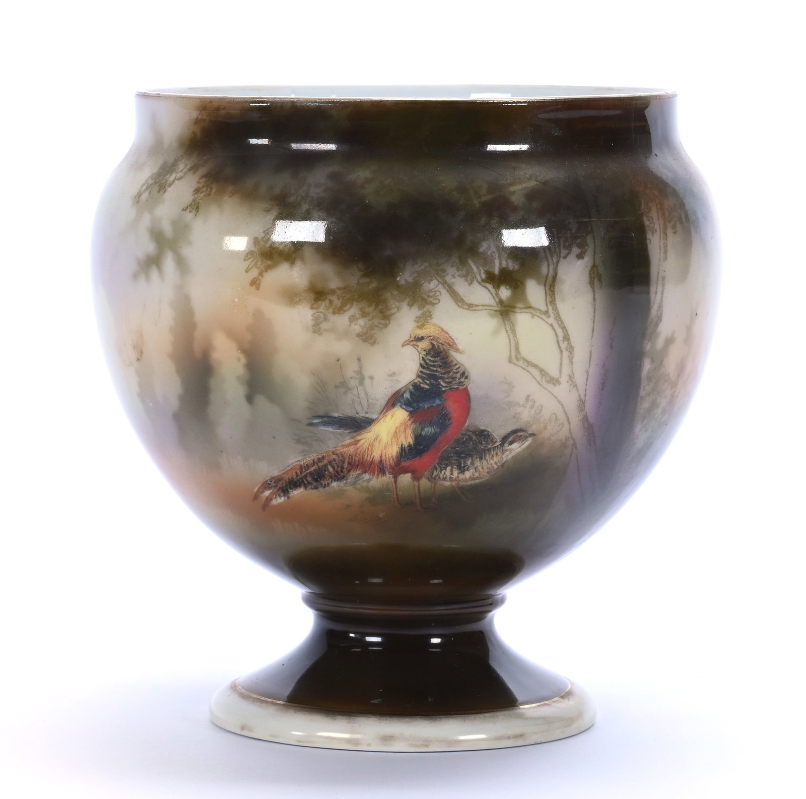 Pedestal Flower Pot, Marked R.S. Poland: Pedestal Flower Pot, Marked R.S. Poland, 5.75 x 5.5 x 5.5 Inches, Brown, Yellow, And Lavender Tones With Double Sided Pheasant Decor, 1.1 Pounds. LiveAuctioneers Invoices Must Be Paid Using the PAY NO