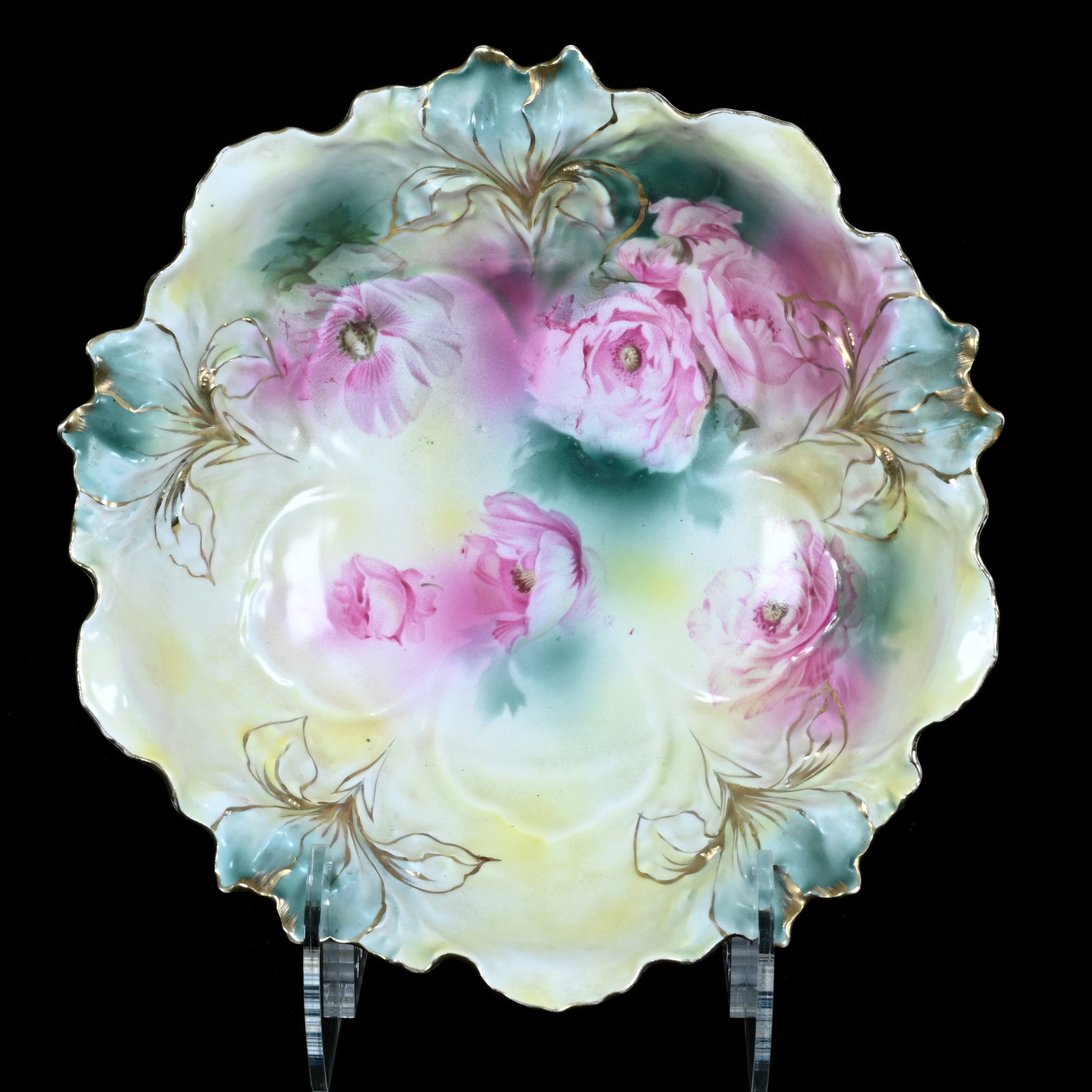 Bowl, Marked R.S. Prussia, Iris Mold: Bowl, Marked R.S. Prussia, Iris Mold, 10.5 x 10.5 x 3 Inches, Green And Yellow Tones With Pink Poppy Decor, 1.3 Pounds. LiveAuctioneers Invoices Must Be Paid Using the PAY NOW / CHECK OUT Button