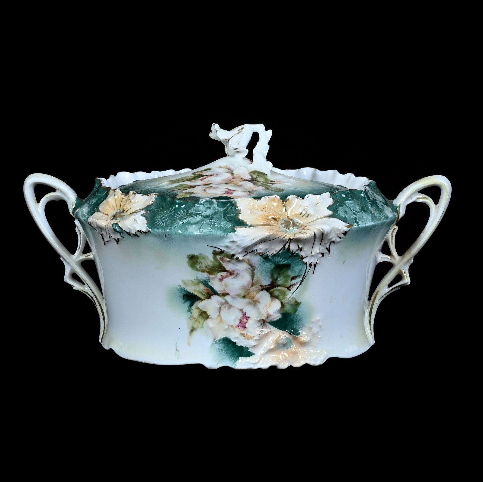 Two Handled Cracker Jar, Marked R.S. Prussia, Carnation Mold: Two Handled Cracker Jar, Marked R.S. Prussia, Carnation Mold, 5 x 9 x 7 Inches, Green And White Tones With Magnolia Decor, 1.7 Pounds. LiveAuctioneers Invoices Must Be Paid Using the PAY NOW / CHECK