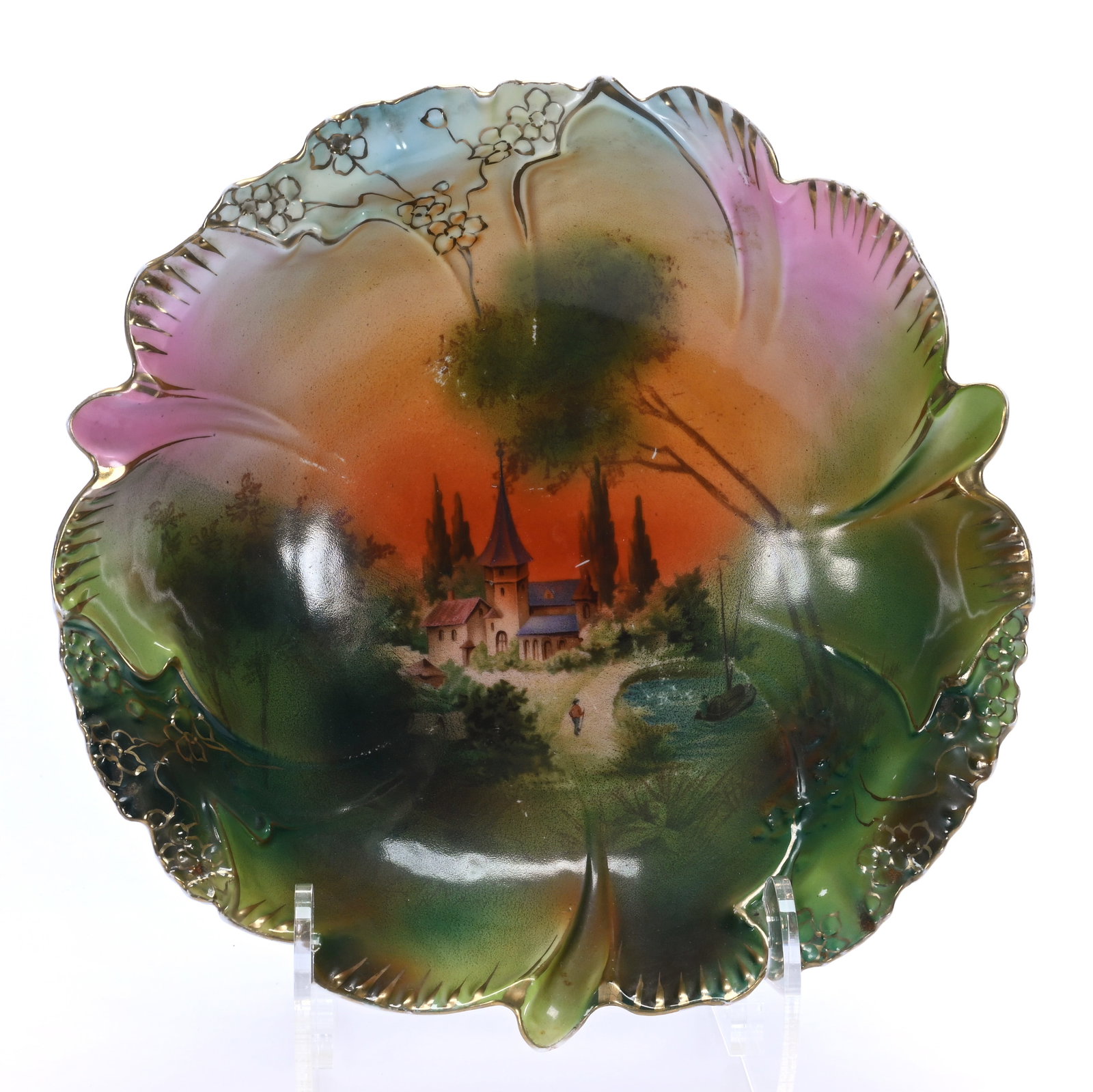 Bowl, Unmarked R.S. Prussia: Bowl, Unmarked R.S. Prussia, 10.25 x 10.25 x 2.75 Inches, Green, Orange, Pink, And Blue Tones With Castle Scene Decor, Unique Mold, 1.2 Pounds. LiveAuctioneers Invoices Must Be Paid Using the PAY NOW