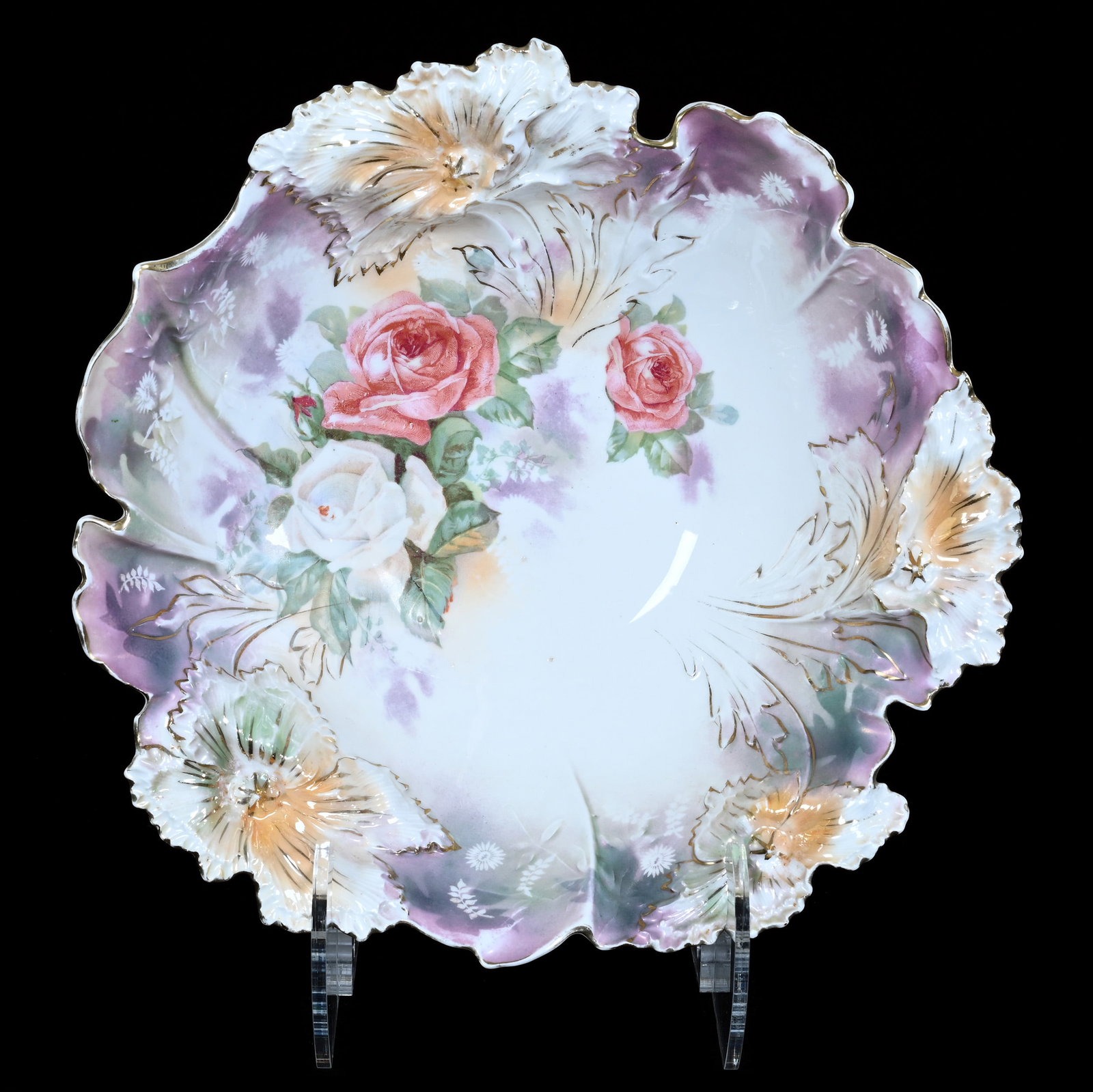 Bowl, Marked R.S. Prussia, Carnation Mold: Bowl, Marked R.S. Prussia, Carnation Mold, 11 x 11 x 3.5 Inches, Pink And White Rose Decor, Lavender, Orange, Green, And White Luster Finish, 1.3 Pounds. LiveAuctioneers Invoices Must Be Paid Using
