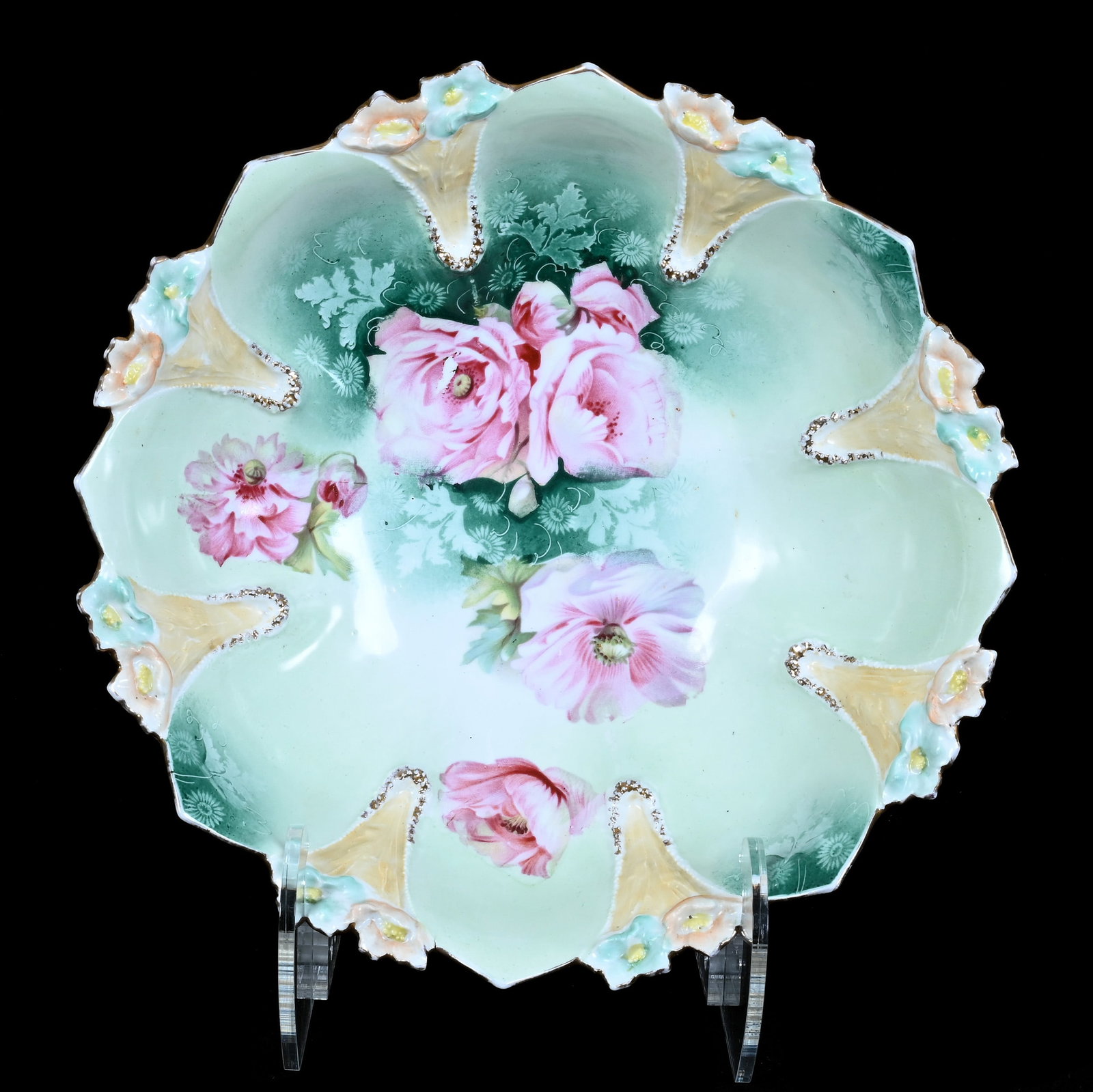 Bowl, Marked R.S. Prussia: Bowl, Marked R.S. Prussia, 10.25 x 10.25 x 3 Inches, Pink Poppy Decor, Green And Cream Background, 1.2 Pounds. LiveAuctioneers Invoices Must Be Paid Using the PAY NOW / CHECK OUT Button Which