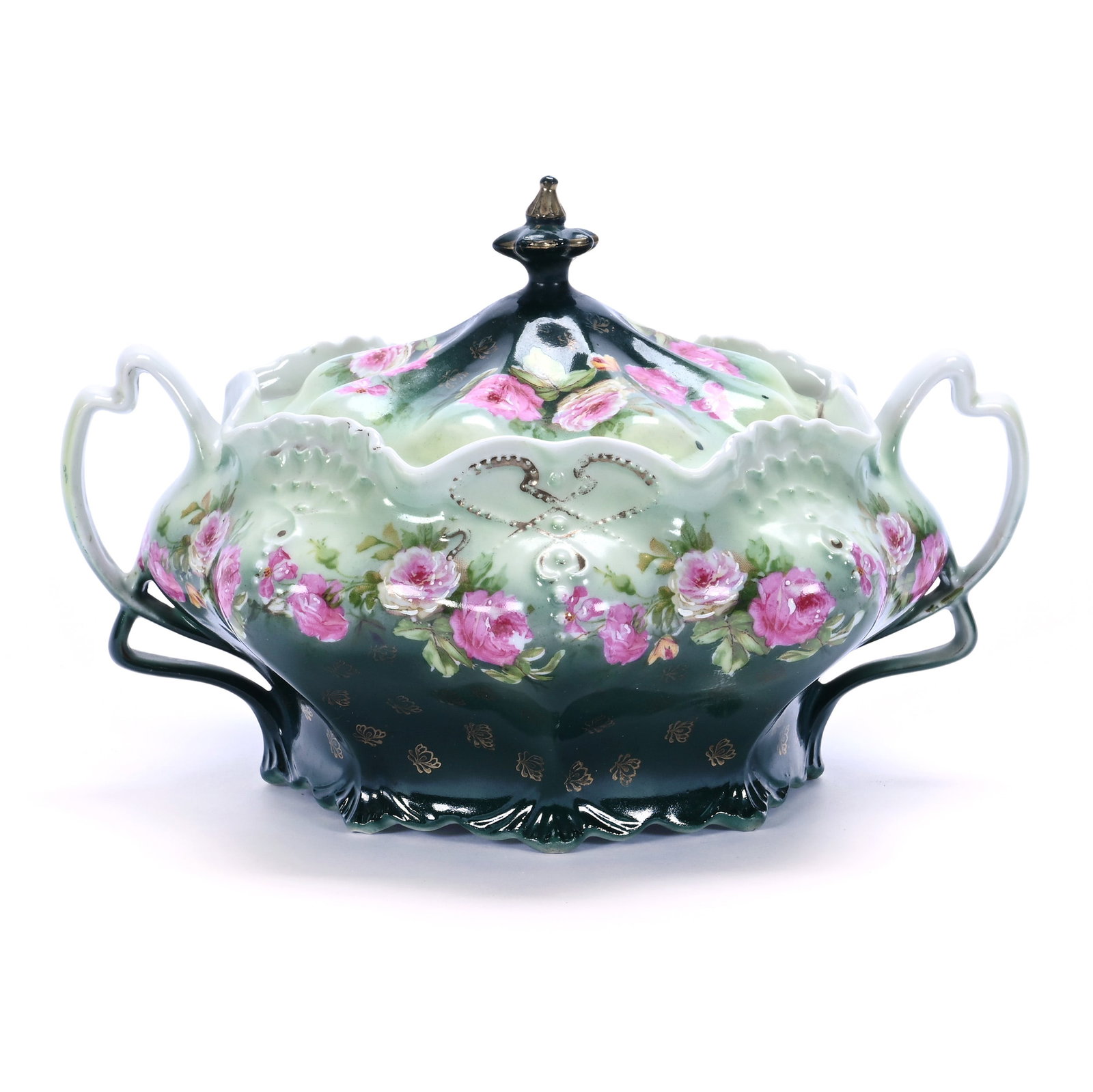 Two Handled Cracker Jar, Unmarked Germany: Two Handled Cracker Jar, Unmarked Germany, 5.5 x 8.5 x 7.25 Inches, Green Tones With Pink Rose Decor, Finial Touchup, 1.3 Pounds. LiveAuctioneers Invoices Must Be Paid Using the PAY NOW / CHECK OUT