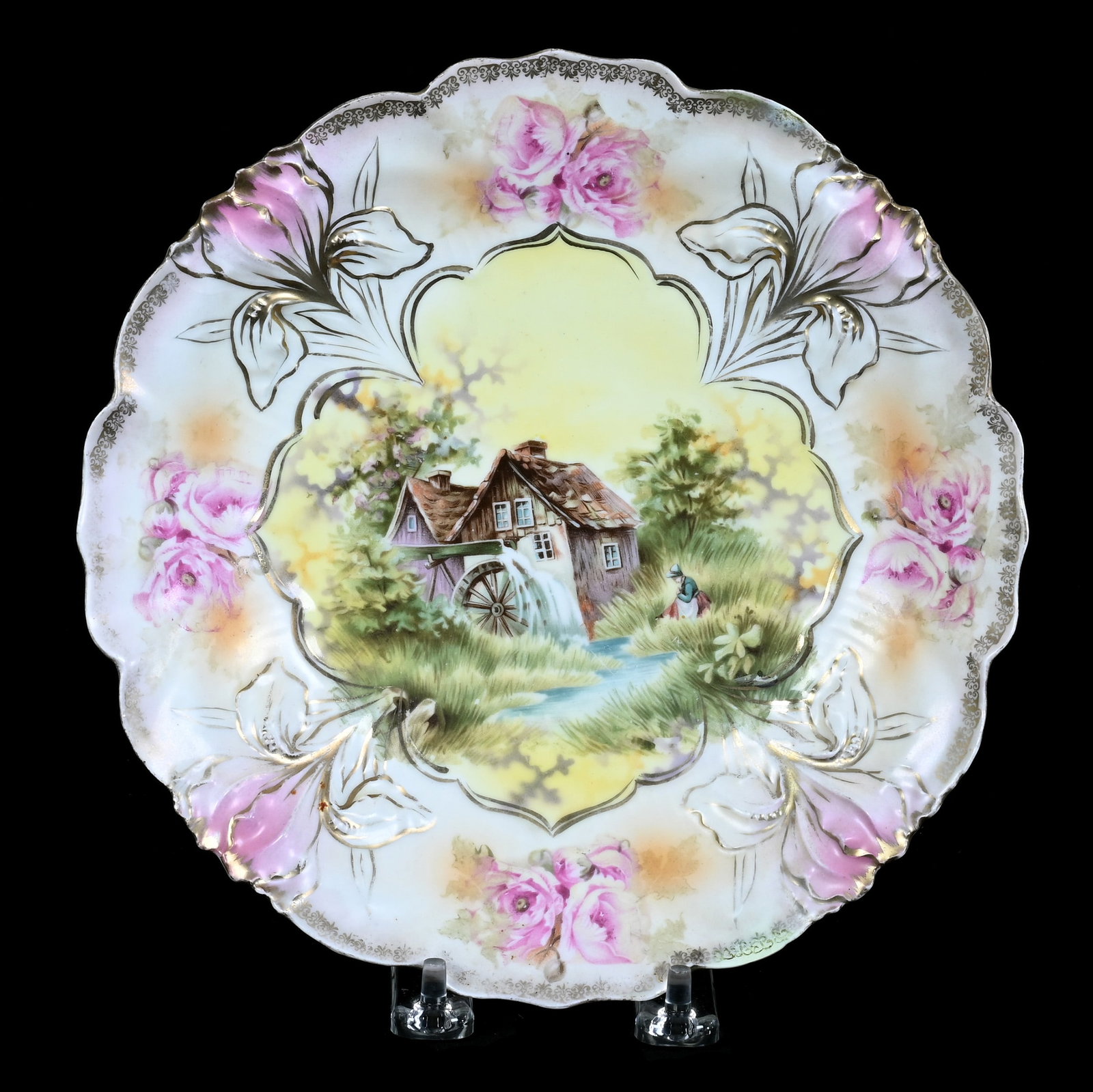 Plate, Marked R.S. Prussia, Iris Mold: Plate, Marked R.S. Prussia, Iris Mold, 8.5 x 8.5 x 1.25 Inches, Pink And White Satin Finish With Mill Scene Decor, 0.7 Pounds. LiveAuctioneers Invoices Must Be Paid Using the PAY NOW / CHECK OUT