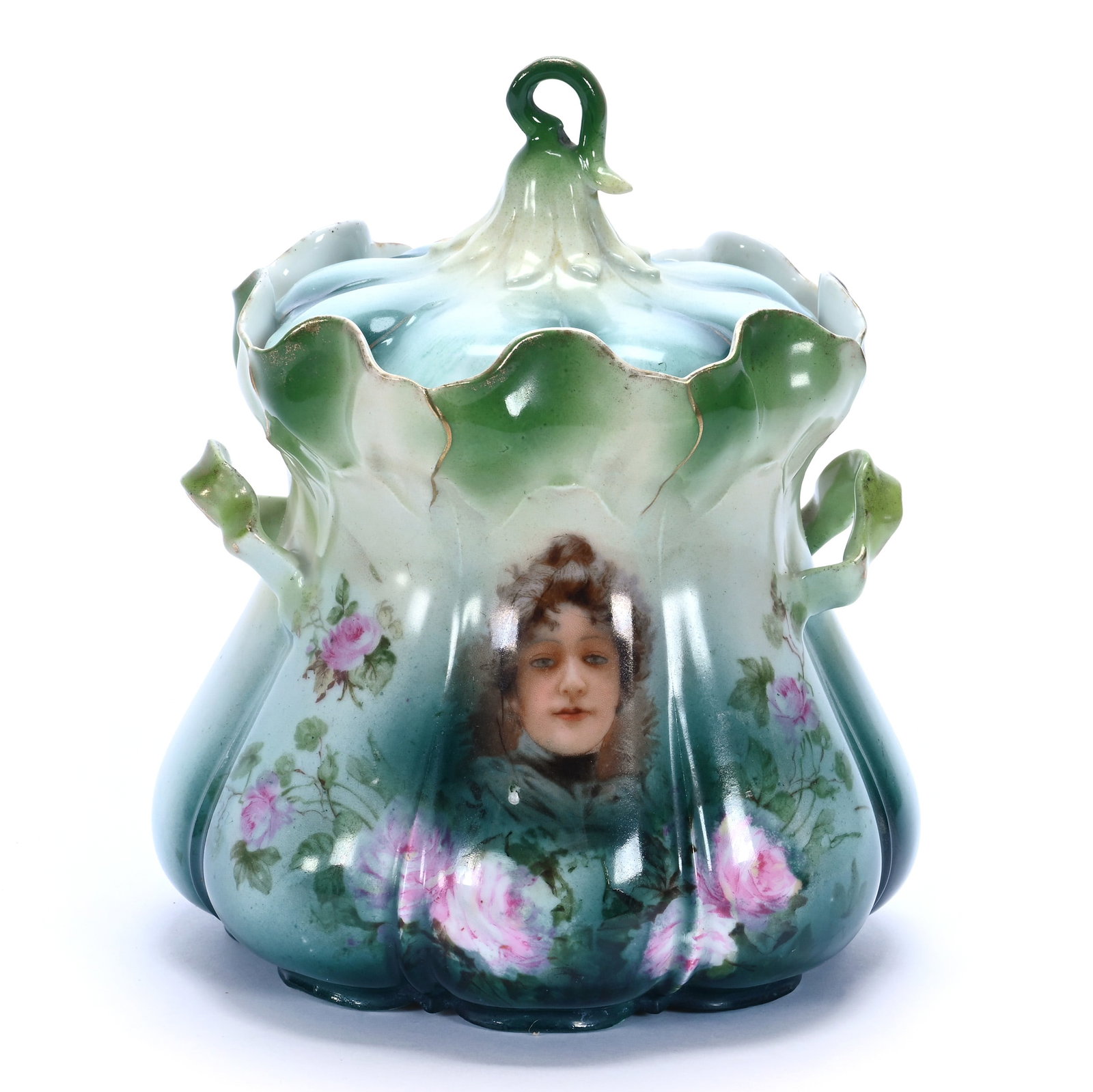 Two Handled Biscuit Jar, Unmarked R.S. Prussia, Morning Glory Mold: Two Handled Biscuit Jar, Unmarked R.S. Prussia, Morning Glory Mold, 7 x 6 x 6 Inches, Green, Cream, And Blue Tones With Flossie Portrait Decor, 1.2 Pounds. LiveAuctioneers Invoices Must Be Paid Using