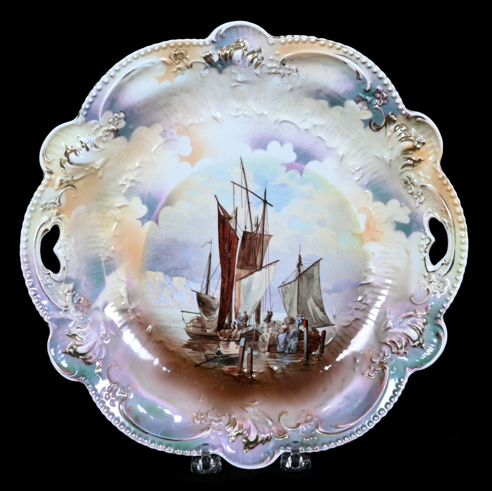 Two Handled Cake Plate, Marked R.S. Prussia: Two Handled Cake Plate, Marked R.S. Prussia, 11 x 11 x 1.5 Inches, Masted Schooner Scenic Decor, Nice Luster Finish, 1 Pound. LiveAuctioneers Invoices Must Be Paid Using the PAY NOW / CHECK OUT