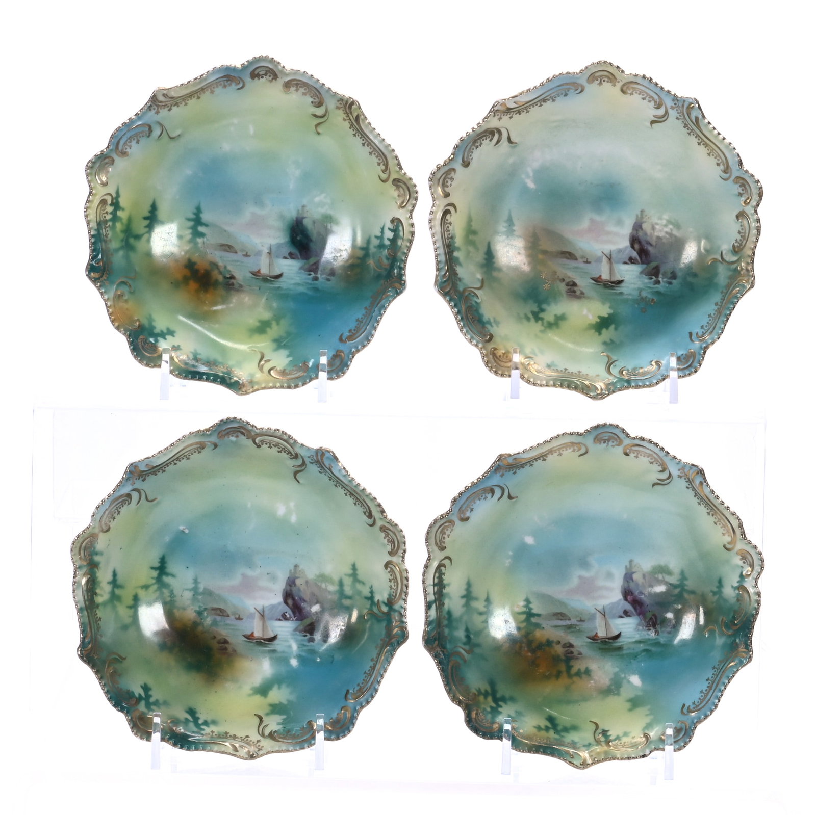 (4) Berry Dishes, Marked R.S. Prussia: (4) Berry Dishes, Marked R.S. Prussia, 5.5 x 5.5 x 1.2 Inches, Old Man In The Mountain Scenic Decor, One Dish Has Rim Repair, 1.1 Pounds. LiveAuctioneers Invoices Must Be Paid Using the PAY NOW /