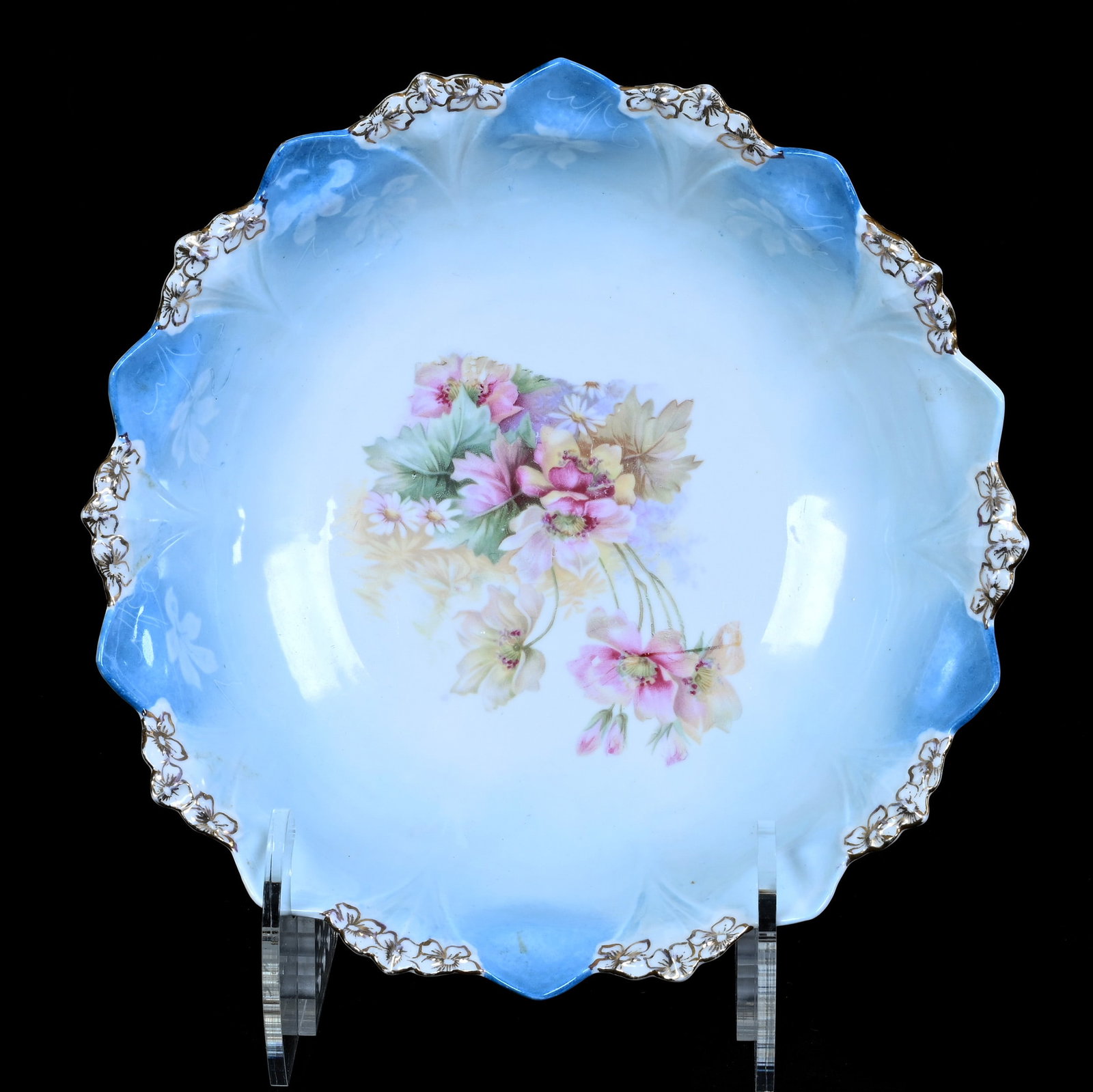 Bowl, Unmarked R.S. Prussia, Sawtooth Mold: Bowl, Unmarked R.S. Prussia, Sawtooth Mold, 9.25 x 9.25 x 2.5 Inches, Blue And White Tones With Wild Floral Decor, 0.9 Pounds. LiveAuctioneers Invoices Must Be Paid Using the PAY NOW / CHECK OUT