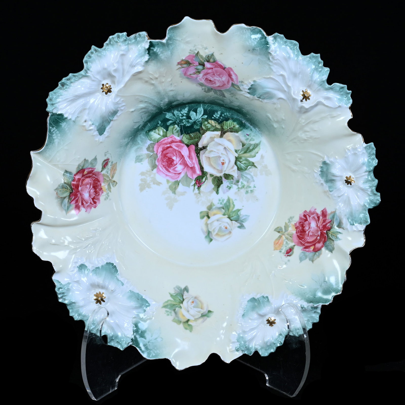 Center Bowl, Marked R.S. Prussia, Carnation Mold: Center Bowl, Marked R.S. Prussia, Carnation Mold, 15 x 15 x 3.5 Inches, Cream, Green, And White Tones With Pink And White Rose Decor, 2.7 Pounds. LiveAuctioneers Invoices Must Be Paid Using the PAY