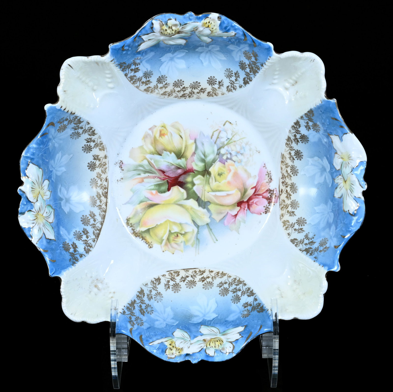 Bowl, Unmarked R.S. Prussia: Bowl, Unmarked R.S. Prussia, 10.5 x 10.5 x 3.25 Inches, Blue, Cream, Yellow, And White Tones With Yellow Rose Decor, 1.3 Pounds. LiveAuctioneers Invoices Must Be Paid Using the PAY NOW / CHECK OUT