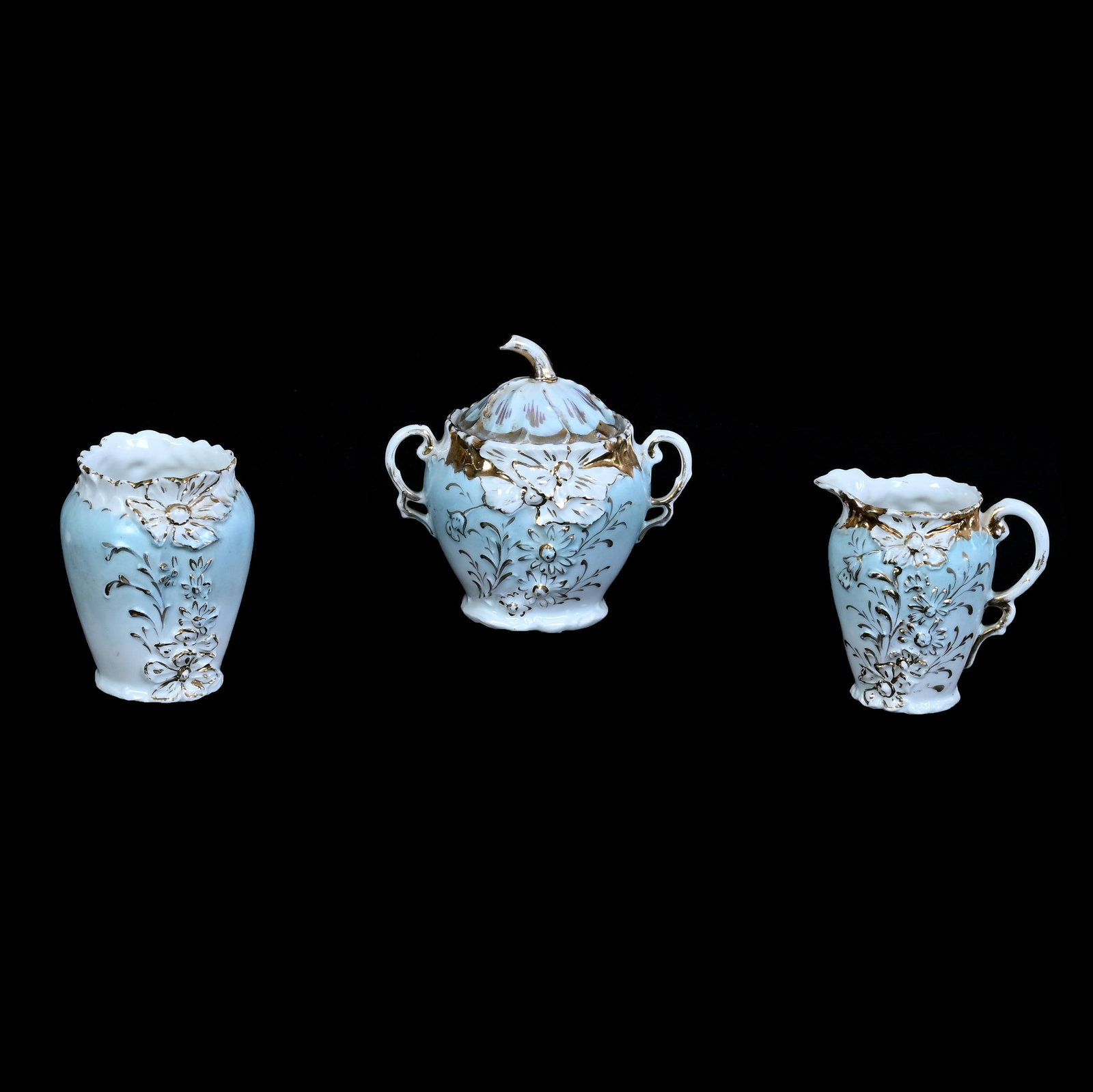 Creamer, Sugar, And Spooner, Early Unmarked Prussia, Embossed Floral Mold (1 of 3)