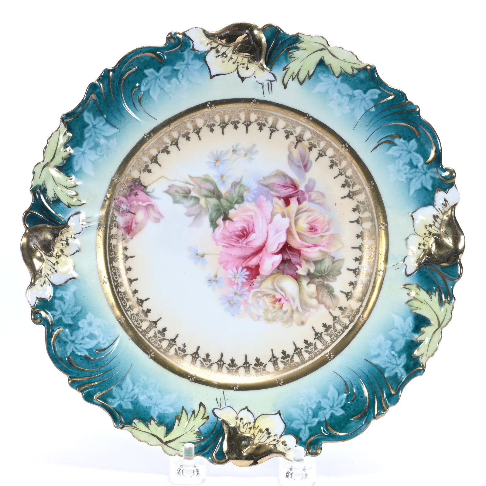 Plate, Marked Royal Vienna, Poppy Mold: Plate, Marked Royal Vienna, Poppy Mold, 9 x 9 x 1 Inches, Cream Center With Pink And Yellow Rose Decor, Green Border And Gold Highlights, 0.7 Pounds. LiveAuctioneers Invoices Must Be Paid Using the PA
