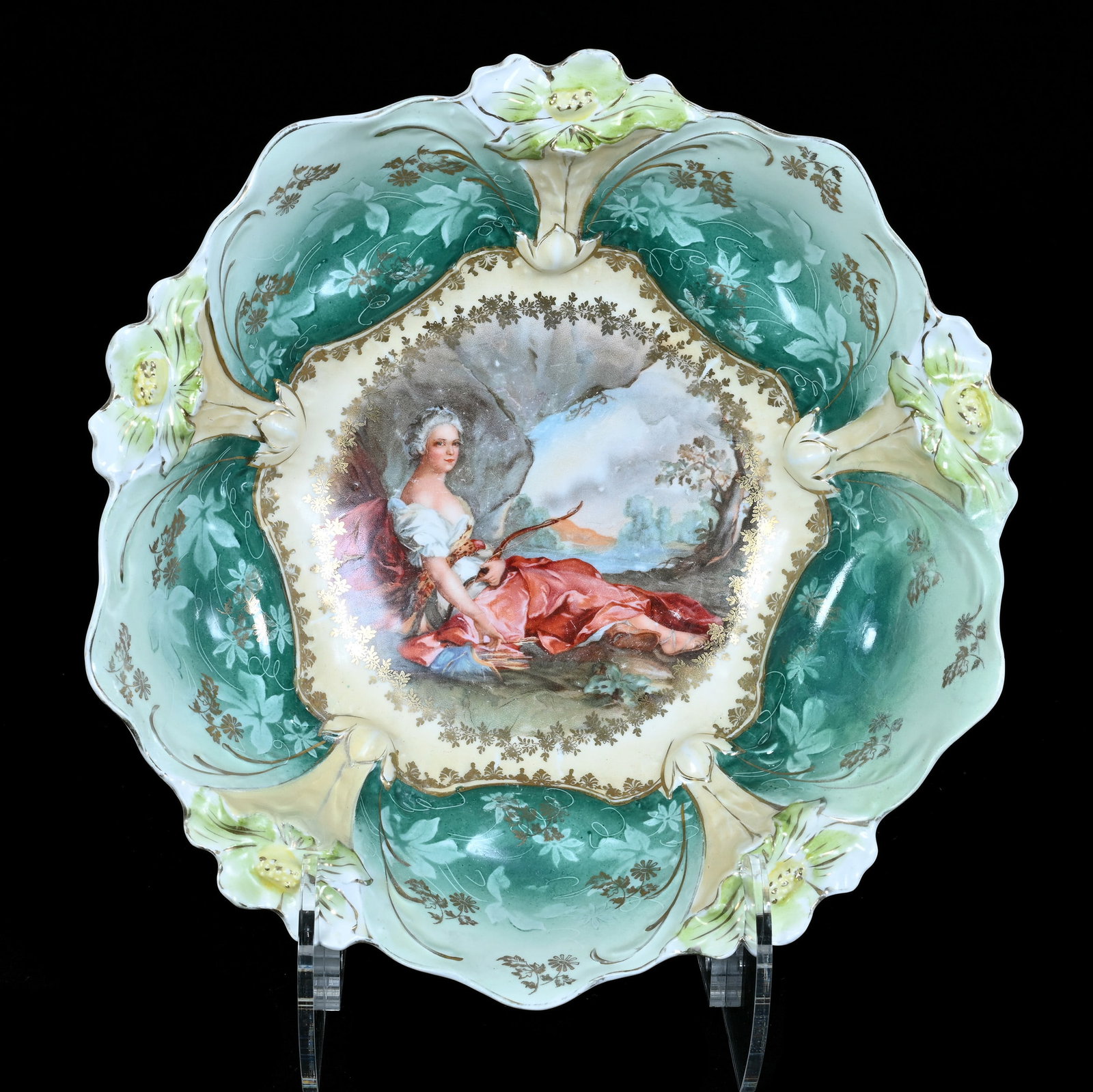 Bowl, Unmarked R.S. Prussia: Bowl, Unmarked R.S. Prussia, 10.5 x 10.5 x 3 Inches, Diana The Huntress Scenic Decor, Green And Cream Border, Crack Repair, 1.3 Pounds. LiveAuctioneers Invoices Must Be Paid Using the PAY NOW / CHECK 