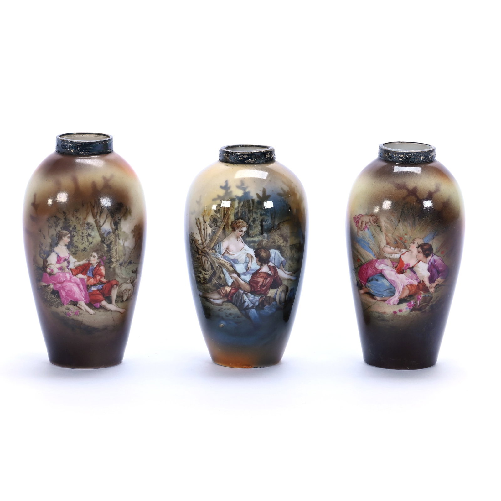 (3) Vases, Unmarked Germany: (3) Vases, Unmarked Germany, 4.5 x 2.5 x 2.5 Inches, Brown Tones, Various Courting Scene Decors, Silver Rims, 0.7 Pounds. LiveAuctioneers Invoices Must Be Paid Using the PAY NOW / CHECK OUT Button