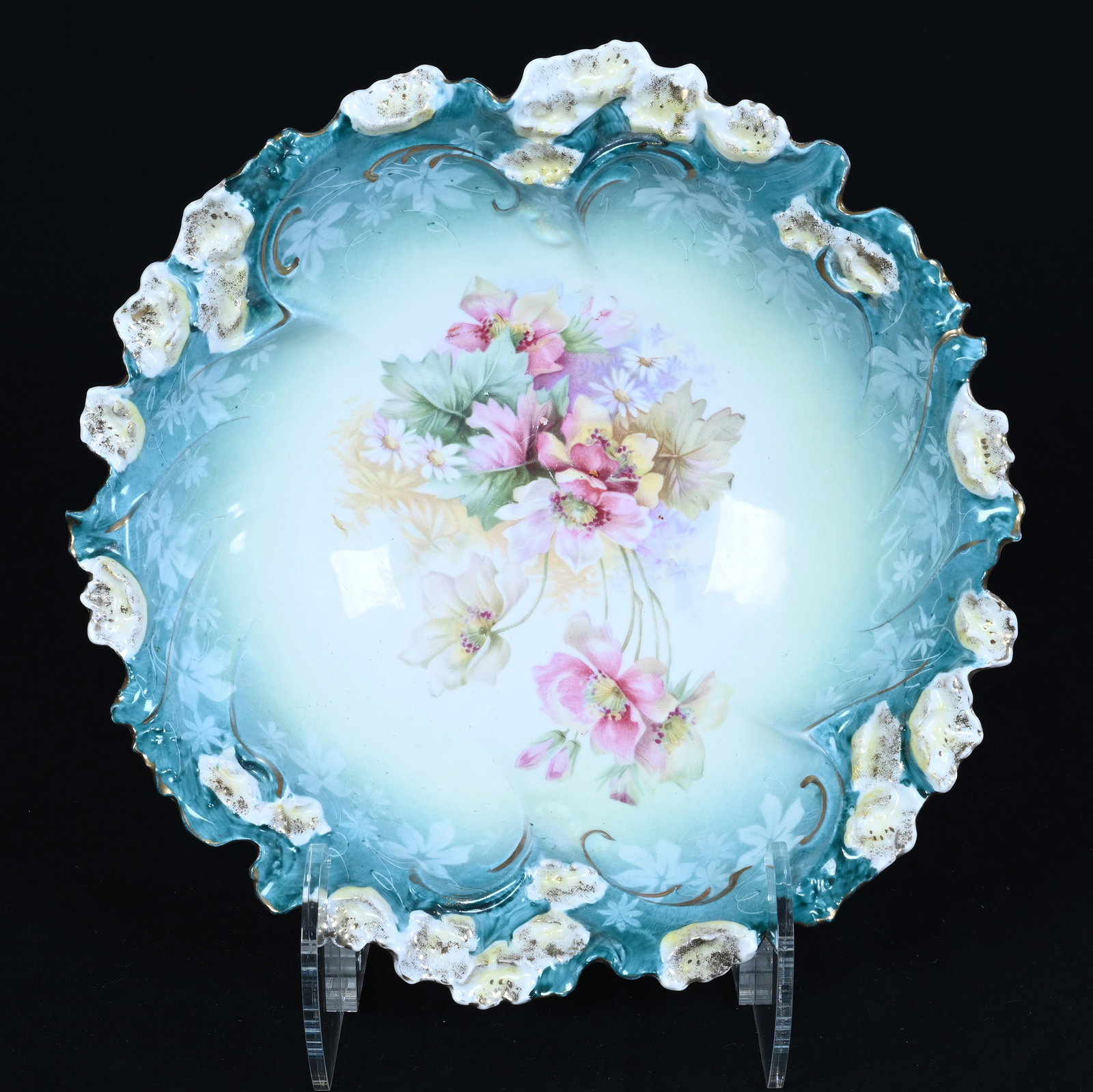 Bowl, Marked Royal Vienna, Floral Mold: Bowl, Marked Royal Vienna, Floral Mold, 10.5 x 10.5 x 2.75 Inches, Blue, Green, And White Tones With Wild Floral Decor, 1.3 Pounds. LiveAuctioneers Invoices Must Be Paid Using the PAY NOW / CHECK OUT 