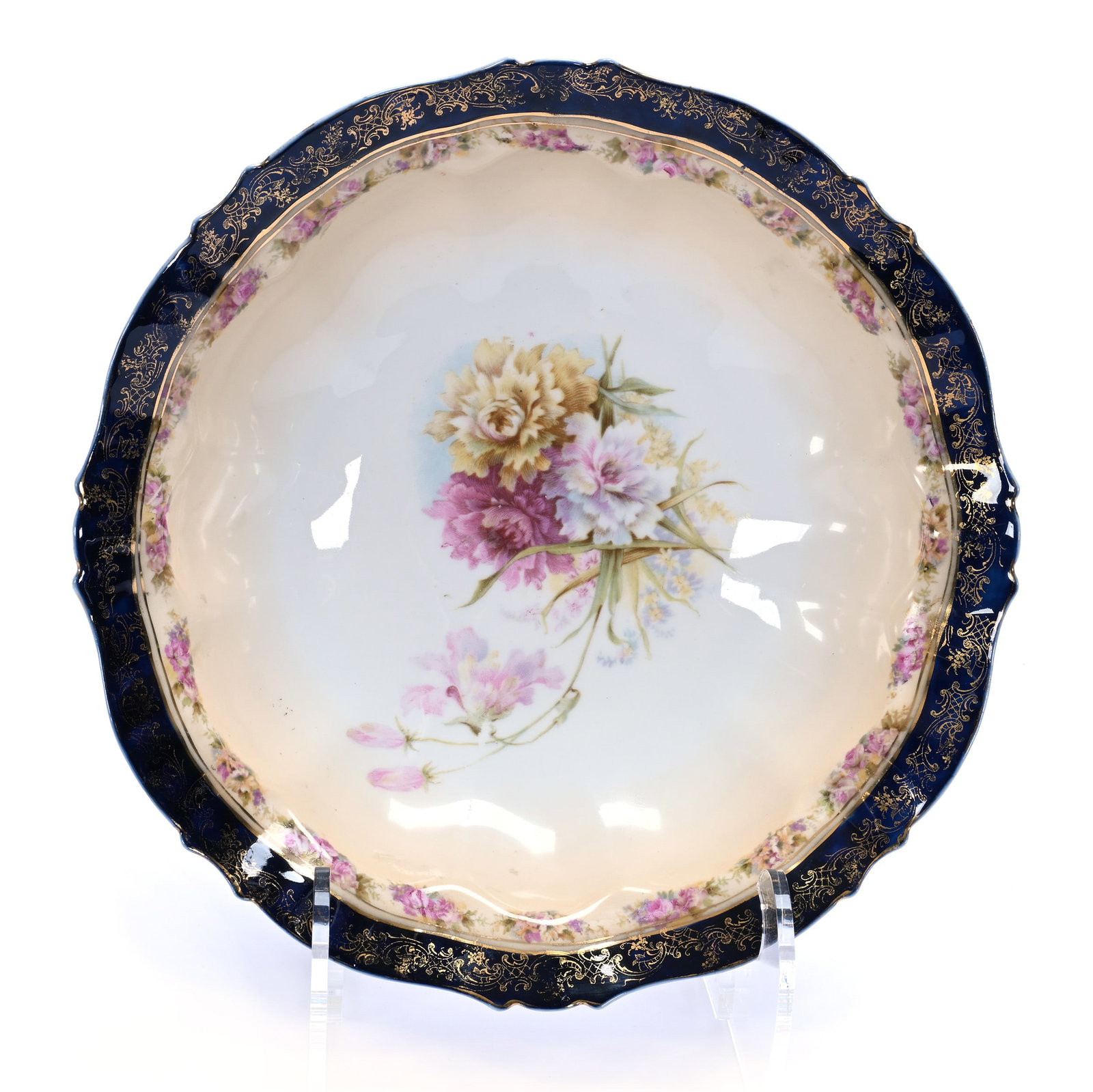 Bowl, Unmarked R.S. Prussia: Bowl, Unmarked R.S. Prussia, 10.25 x 10.25 x 2.75 Inches, Cream And White With Floral Decor, Cobalt Blue Border And Gold Stencil Highlights, 1.2 Pounds. LiveAuctioneers Invoices Must Be Paid Using the