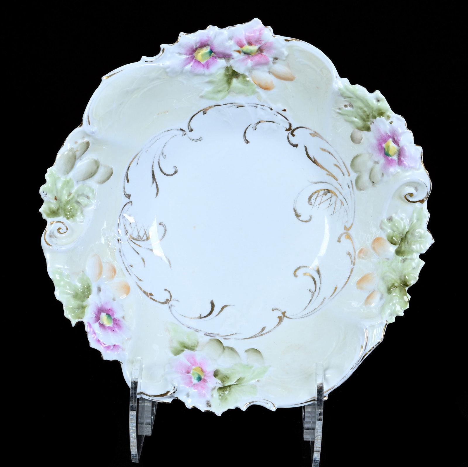 Bowl, Unmarked R.S. Prussia, Floral Mold: Bowl, Unmarked R.S. Prussia, Floral Mold, 10.25 x 10.25 x 2.75 Inches, Yellow, Green, And White Luster Finish, Base Rim Chip, 1.1 Pounds. LiveAuctioneers Invoices Must Be Paid Using the PAY NOW / CHEC
