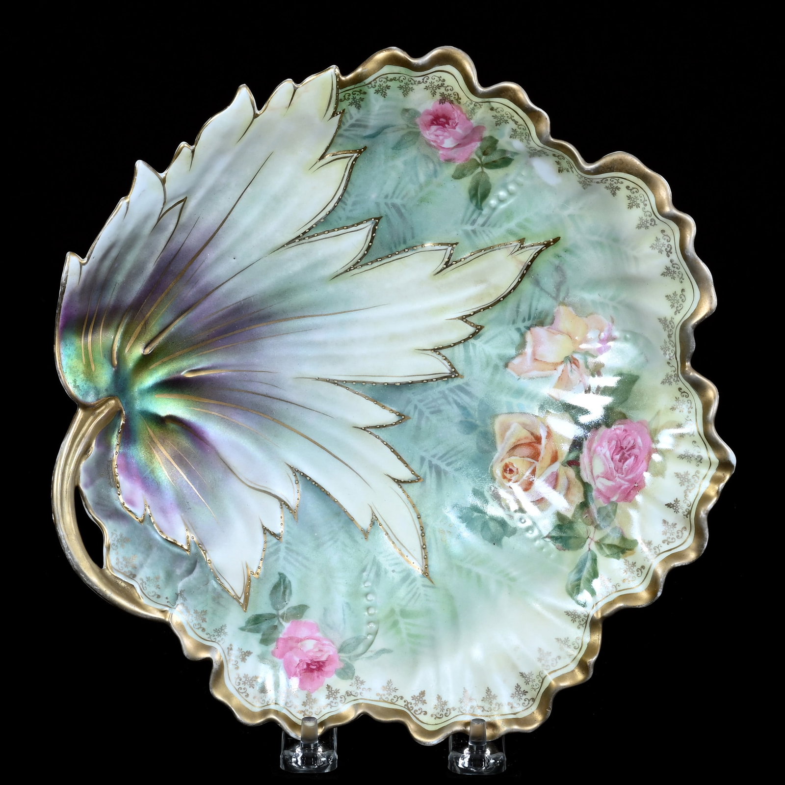 Plate, Marked R.S. Prussia, Leaf Mold: Plate, Marked R.S. Prussia, Leaf Mold, 9.2 x 9.2 x 2 Inches, Green And Yellow Satin Finish With Tiffany Highlights And Rose Decor, 0.7 Pounds. LiveAuctioneers Invoices Must Be Paid Using the PAY NOW /