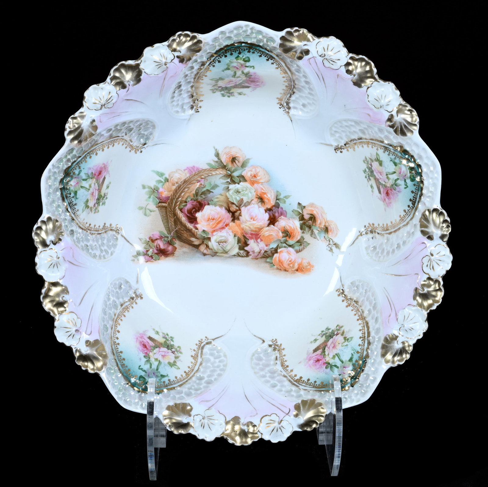 Bowl, Marked R.S. Prussia: Bowl, Marked R.S. Prussia, 10.75 x 10.75 x 3 Inches, Pink, Green, And White With Spilled Basket And Hanging Basket Decors, 1.4 Pounds. LiveAuctioneers Invoices Must Be Paid Using the PAY NOW / CHECK O