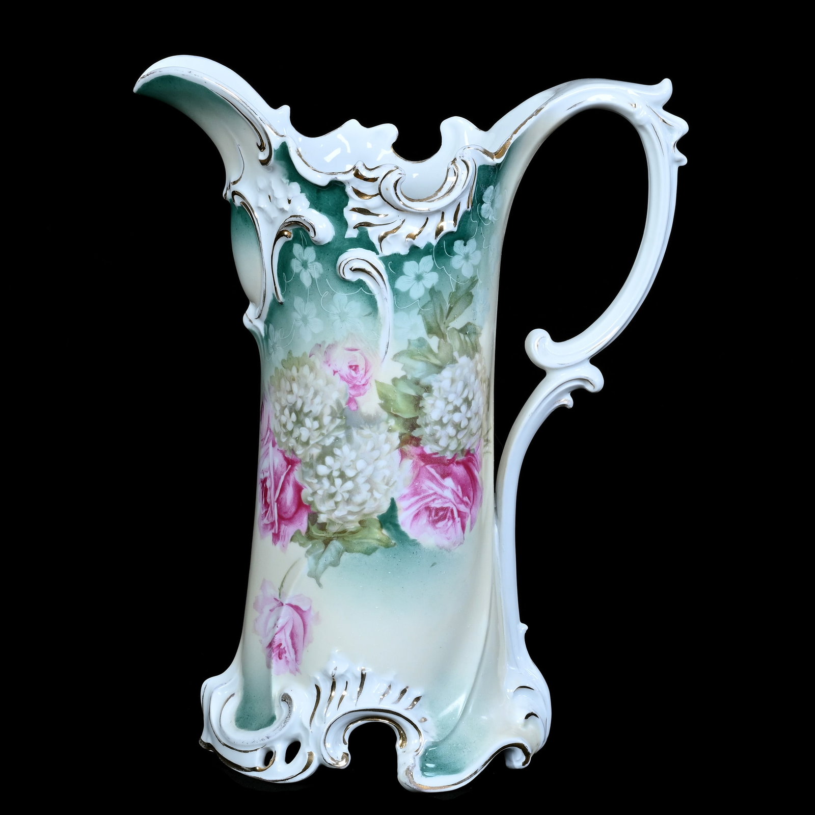 Tankard, Marked R.S. Prussia: Tankard, Marked R.S. Prussia, 11.5 x 9 x 5.5 Inches, Green, Yellow, And White Tones With Snowball And Rose Decor, 2.4 Pounds. LiveAuctioneers Invoices Must Be Paid Using the PAY NOW / CHECK OUT Button