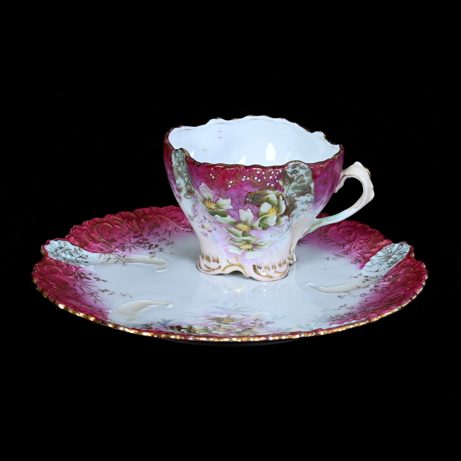 Luncheon Plate And Cup, Unmarked R.S. Prussia: Luncheon Plate And Cup, Unmarked R.S. Prussia, 2.75 x 7 x 7 Inches, Pink, Lavender, And White Tones With Floral Decor, Nice Set, 0.5 Pounds. LiveAuctioneers Invoices Must Be Paid Using the PAY NOW / C