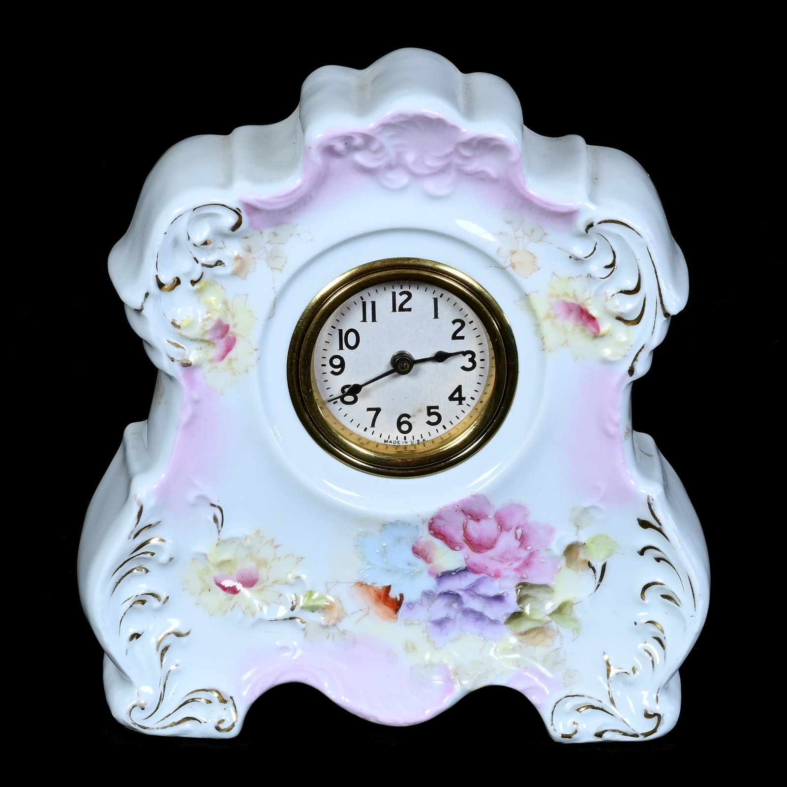 Clock, Unmarked Early R.S. Prussia: Clock, Unmarked Early R.S. Prussia, 7 x 6.75 x 2.25 Inches, Pink And White With Pastel Floral Decor, American Clockworks, 1.8 Pounds. LiveAuctioneers Invoices Must Be Paid Using the PAY NOW / CHECK