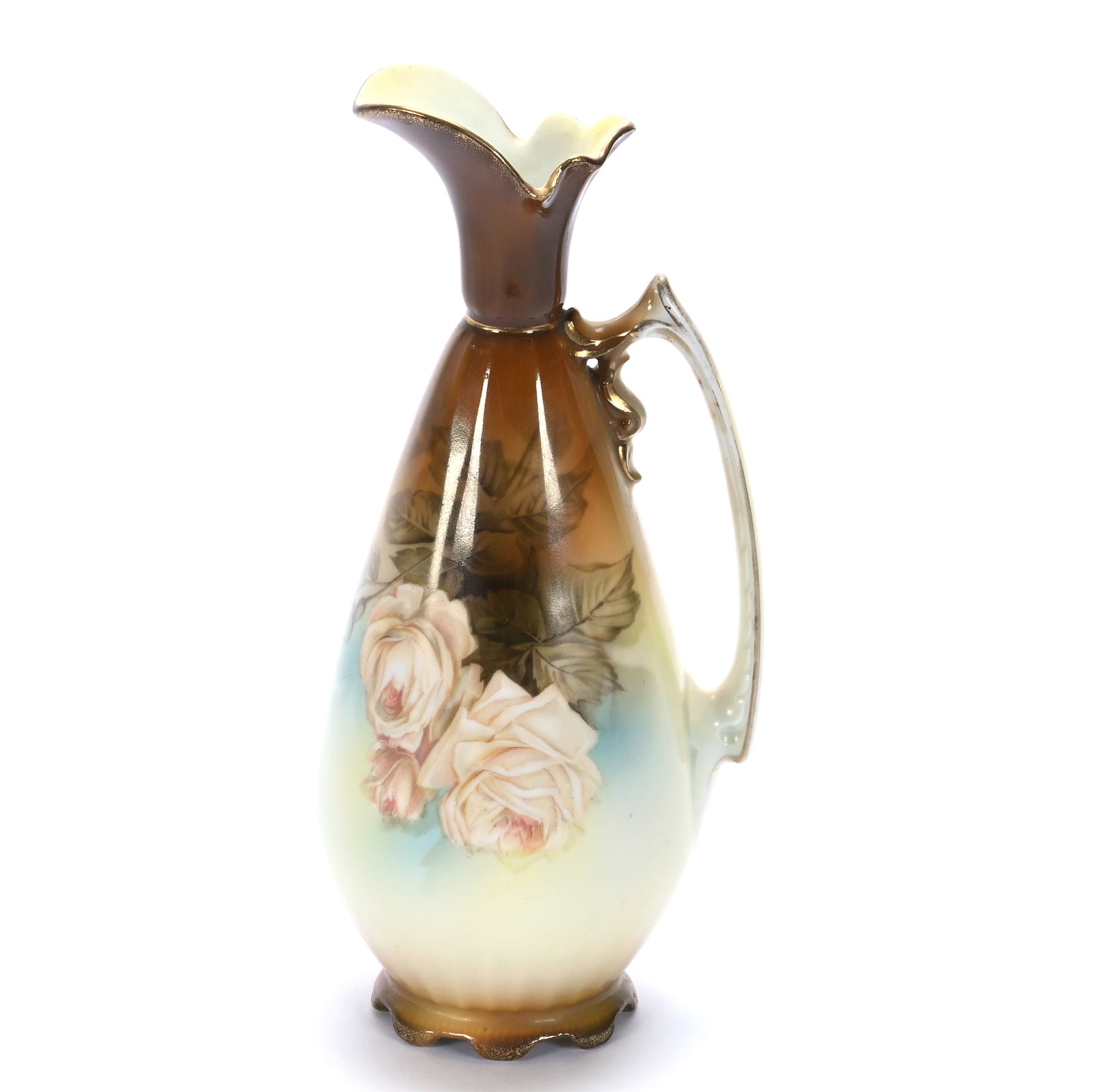Handled Ewer, Marked R.S. Prussia: Handled Ewer, Marked R.S. Prussia, 9 x 4 x 3.5 Inches, Brown And Yellow Tones With Pink Rose Decor, 0.7 Pounds. LiveAuctioneers Invoices Must Be Paid Using the PAY NOW / CHECK OUT Button Which
