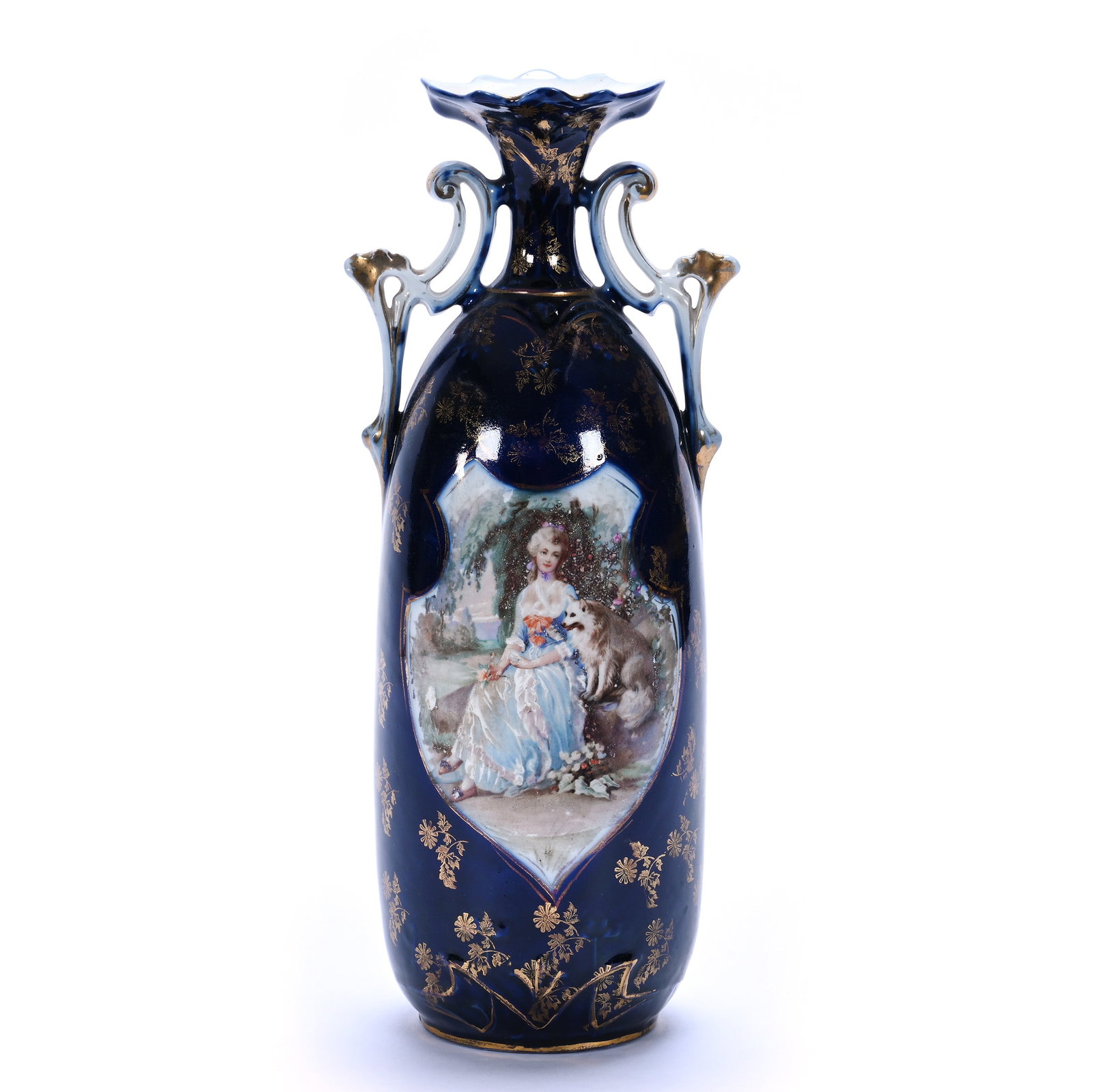 Two Handled Vase, Unmarked Royal Vienna: Two Handled Vase, Unmarked Royal Vienna, 11.75 x 4.75 x 3.75 Inches, Woman Seated With Dog Scenic Decor, Cobalt Blue Background And Gold Stencil Highlights, 1.2 Pounds. LiveAuctioneers Invoices Must