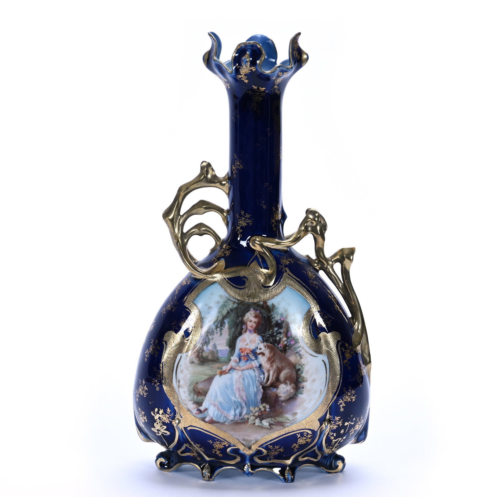 Two Handled Flask Shaped Vase, Marked Royal Vienna: Two Handled Flask Shaped Vase, Marked Royal Vienna, 12.5 x 6.75 x 3.5 Inches, Woman Seated With Dog Scenic Decor, Cobalt Blue Background And Gold Stencil Highlights, Professional Rim Repair, 1.6