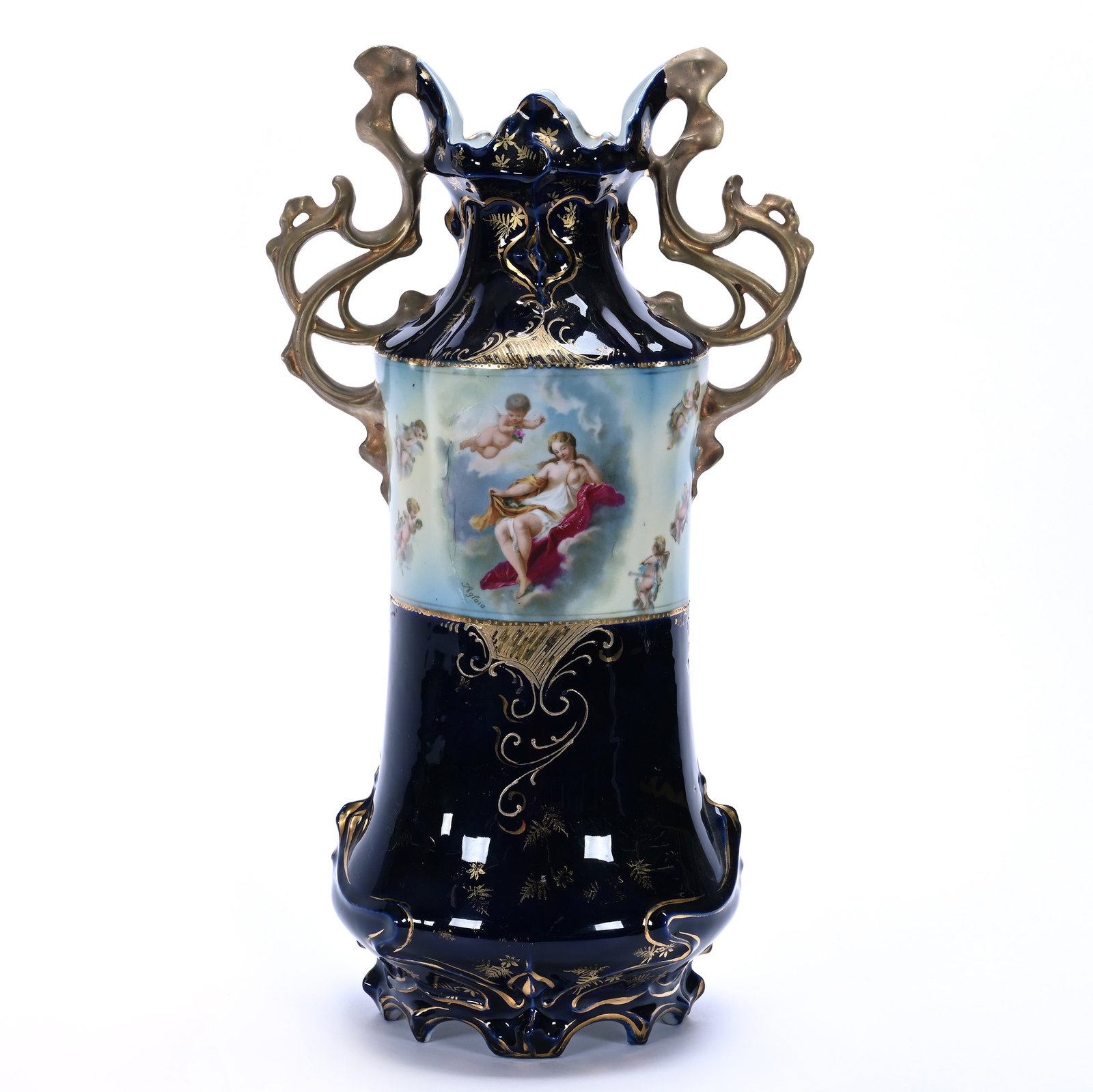 Two Handled Vase, Unmarked Royal Vienna: Two Handled Vase, Unmarked Royal Vienna, 16 x 8.75 x 6.75 Inches, Double Scene Of Artemis And Aglaia And Cherubs, Cobalt Blue Background, Elaborate Handles, Handles Are A Dull Gold But Do Not Appear