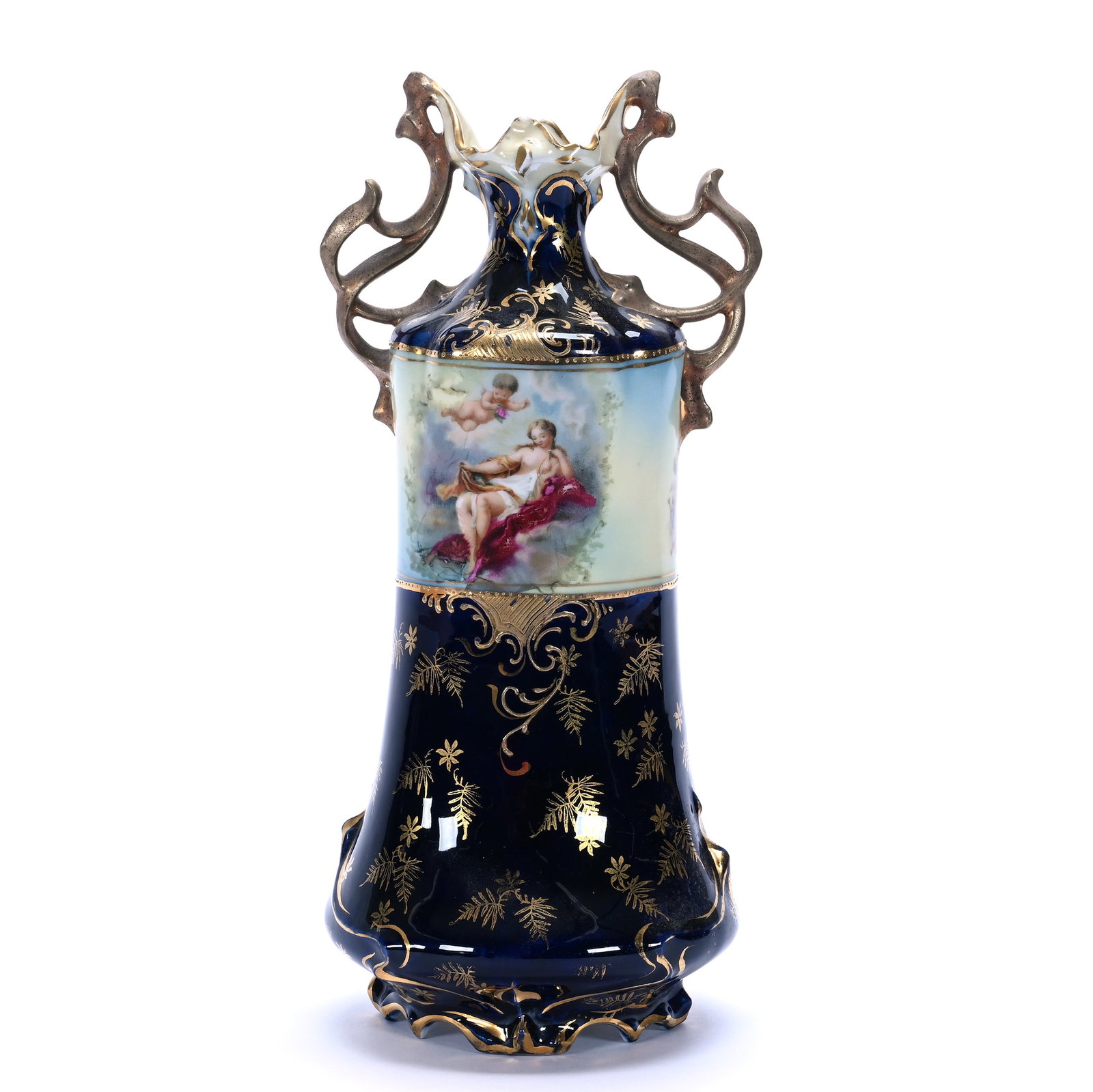 Two Handled Vase, Marked Royal Vienna: Two Handled Vase, Marked Royal Vienna, 10.5 x 4.75 x 4.5 Inches, Double Scene Of Women And Cherubs, Cobalt Blue Background And Gold Stencil Highlights, Handles Are Dull Gold But Do Not Appear To Be