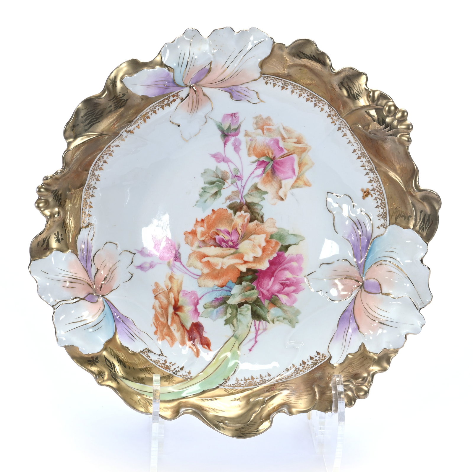 Bowl, R.S. Steeple Mark, Iris Variation Mold: Bowl, R.S. Steeple Mark, Iris Variation Mold, 10.5 x 10.5 x 2.75 Inches, White With Floral Decor And Heavy Gold Border, Serious Rim Chip, 1.1 Pounds. LiveAuctioneers Invoices Must Be Paid Using the