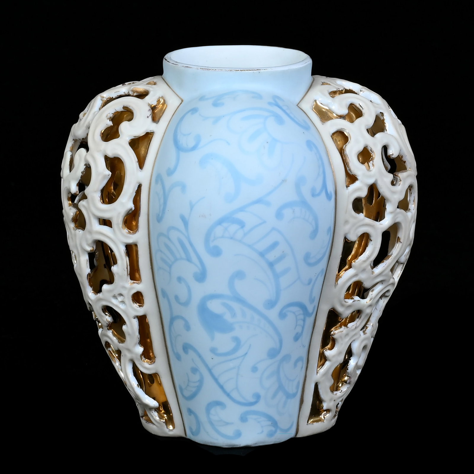 Vase, Early E.S. Prussia Mark: Vase, Early E.S. Prussia Mark, 6.25 x 5.75 x 5.25 Inches, Rare Reticulated Panel Design, Blue And Cream Tones With Gold Backing, 1.2 Pounds. LiveAuctioneers Invoices Must Be Paid Using the PAY NOW /
