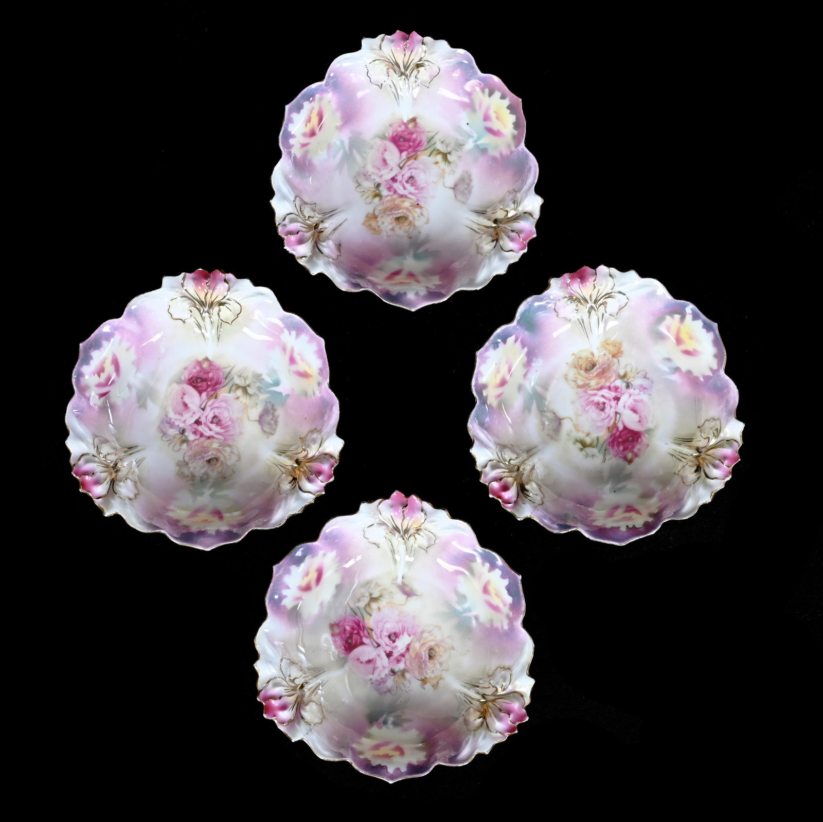 (4) Berry Bowls, Marked Wheelock Prussia: (4) Berry Bowls, Marked Wheelock Prussia, 5.5 x 5.5 x 1.25 Inches, Pink, Yellow, And White Luster Finish With Pink Poppy Decor, One Bowl With Hairline, 1 Pound. LiveAuctioneers Invoices Must Be Paid