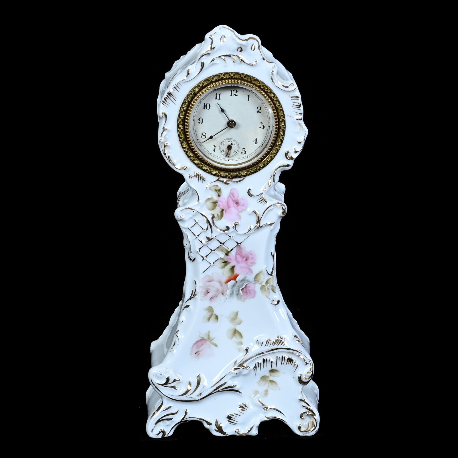Long Cased Desk Clock, Unmarked Early R.S. Prussia: Long Cased Desk Clock, Unmarked Early R.S. Prussia, 9.75 x 4 x 2.25 Inches, White With Pink Rose Decor And Gold Stencil Highlights, Original Clockworks, Patented 1895, 1.3 Pounds. LiveAuctioneers