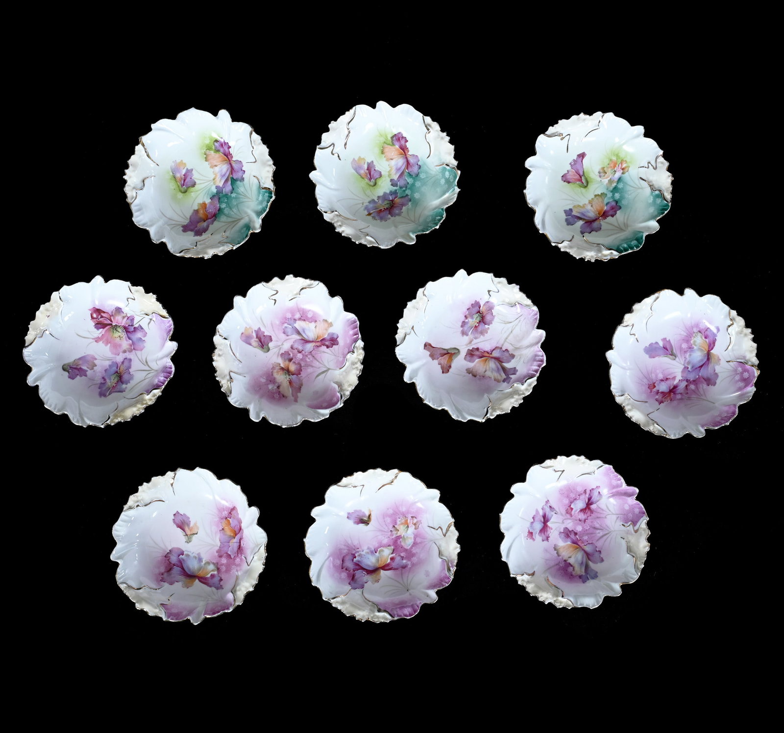 (10) Berry Bowls, Unmarked R.S. Prussia: (10) Berry Bowls, Unmarked R.S. Prussia, 5.5 x 5.5 x 1 Inches, Identical Molds, White And Cream With Poppy Decor (3) Additional Green Tone, (7) Additional Lavender Tone, 2.4 Pounds. LiveAuctioneers