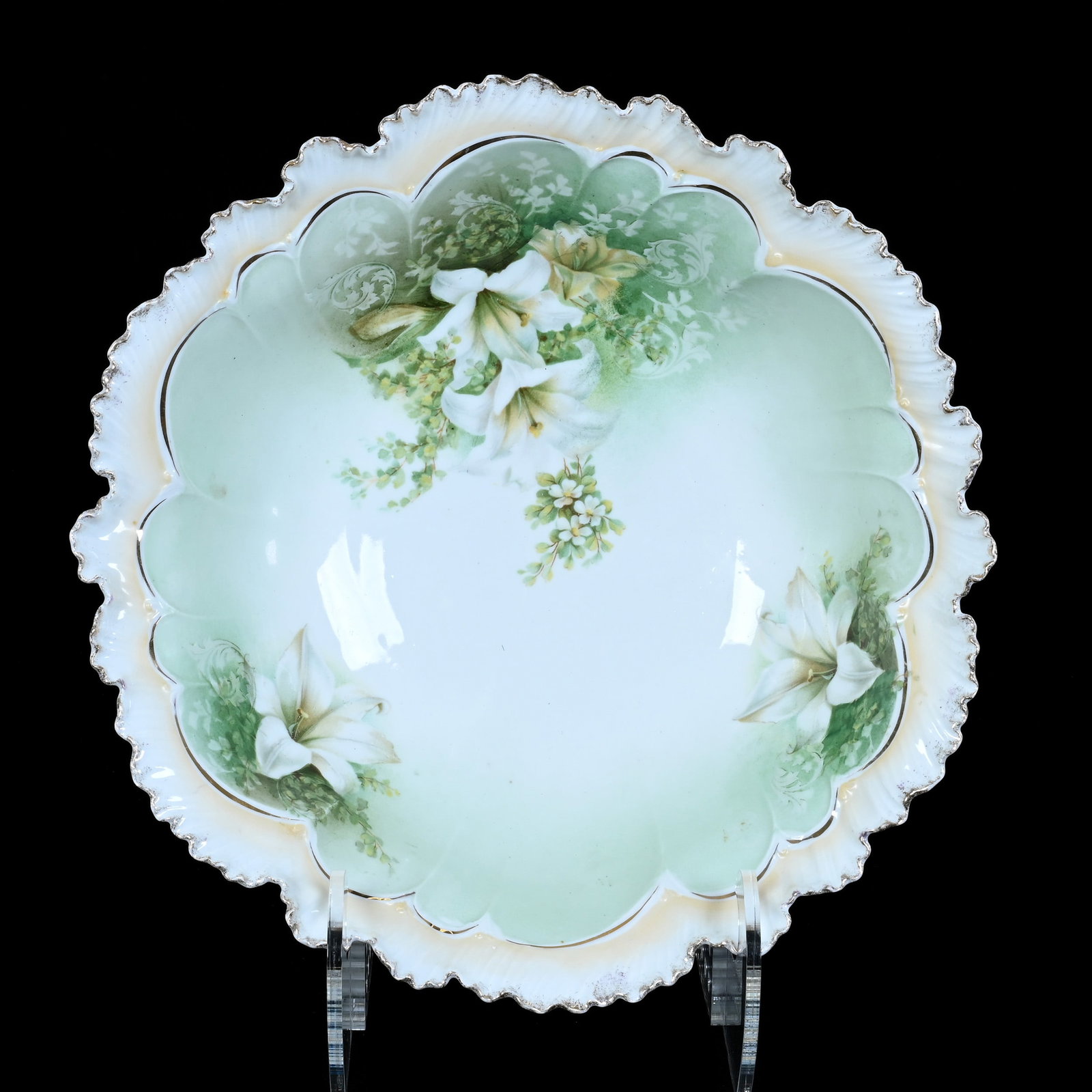 Bowl, Marked R.S. Prussia: Bowl, Marked R.S. Prussia, 11 x 11 x 3.25 Inches, Green And White With Easter Lily Decor And Cream Border, 1.1 Pounds. LiveAuctioneers Invoices Must Be Paid Using the PAY NOW / CHECK OUT Button Which
