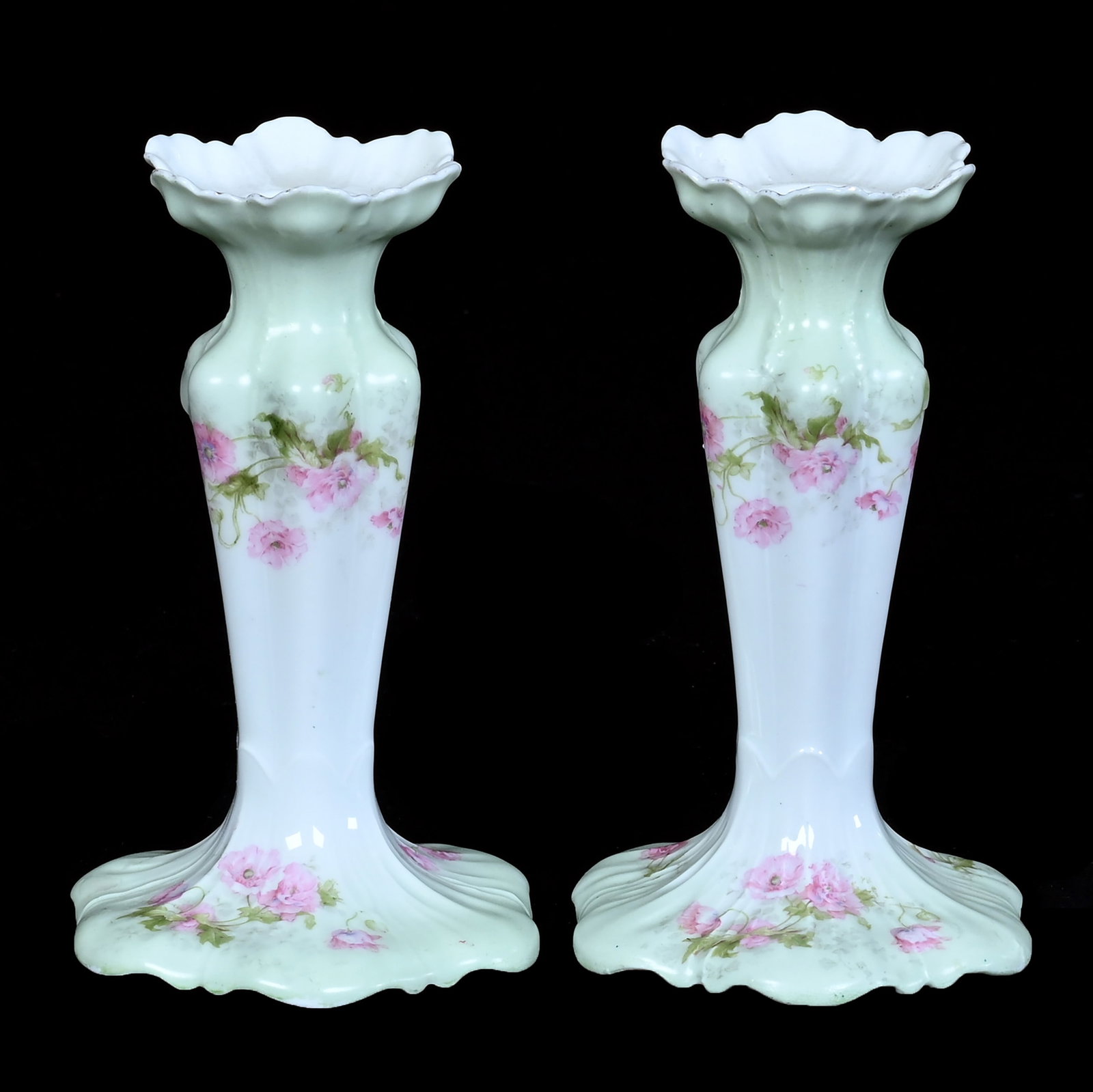 Pair Candlestick Holders, Marked R.S. Prussia: Pair Candlestick Holders, Marked R.S. Prussia, 6 x 3.75 x 3.75 Inches, Green And White With Pink Poppy Decor, Nice Form, 0.7 Pounds. LiveAuctioneers Invoices Must Be Paid Using the PAY NOW / CHECK