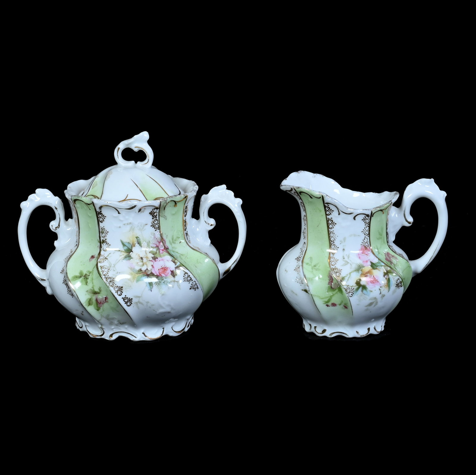 Creamer And Sugar, Unmarked R.S. Prussia: Creamer And Sugar, Unmarked R.S. Prussia, 5 x 5.5 x 4.25 Inches, Green And White With Floral Decor, 0.8 Pounds. LiveAuctioneers Invoices Must Be Paid Using the PAY NOW / CHECK OUT Button Which