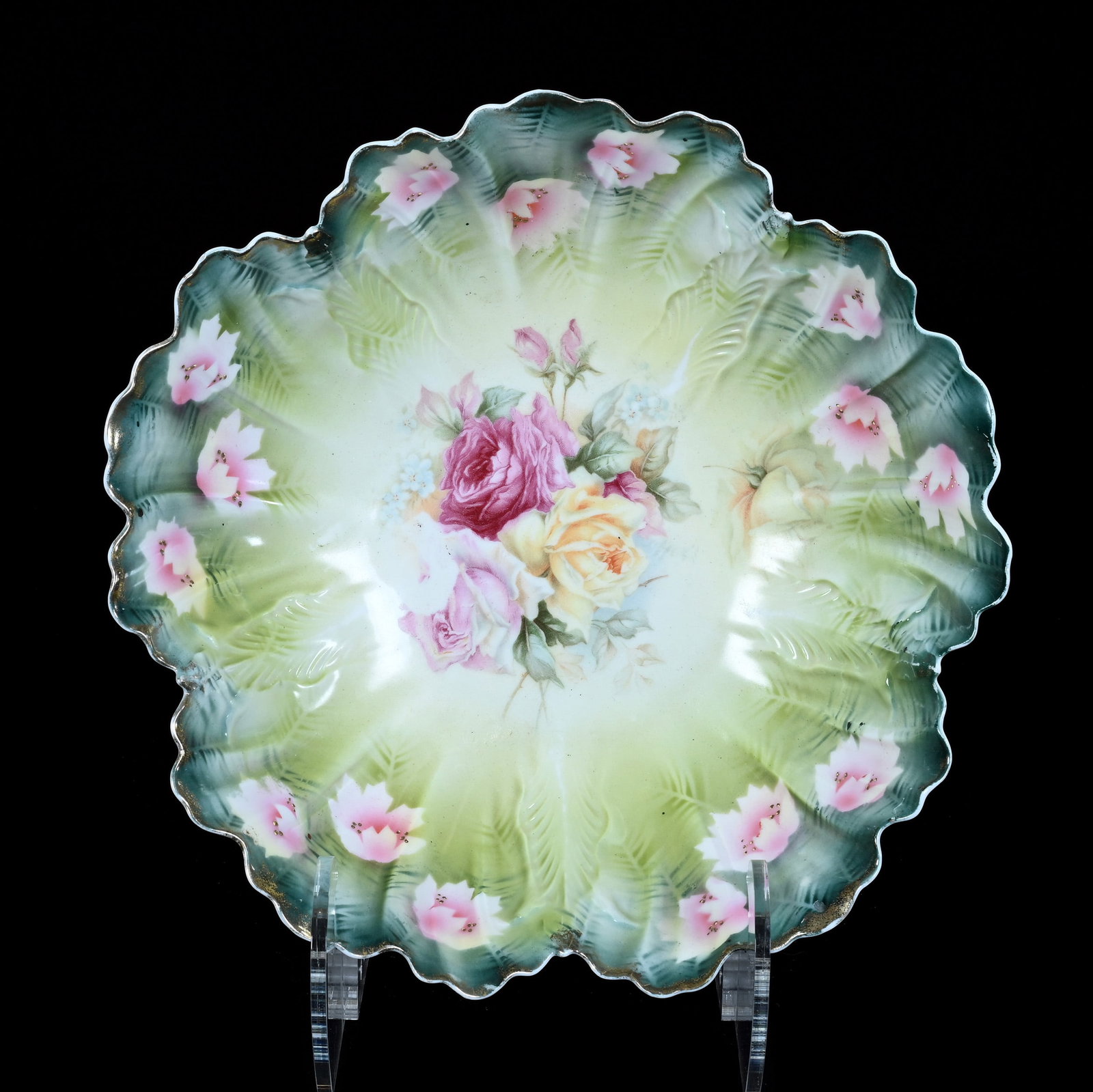 Bowl, Marked R.S. Prussia: Bowl, Marked R.S. Prussia, 10 x 10 x 3 Inches, Green Tones With Rose Decor, Pink And White Silhouette Floral Highlights, 1.2 Pounds. LiveAuctioneers Invoices Must Be Paid Using the PAY NOW / CHECK OUT