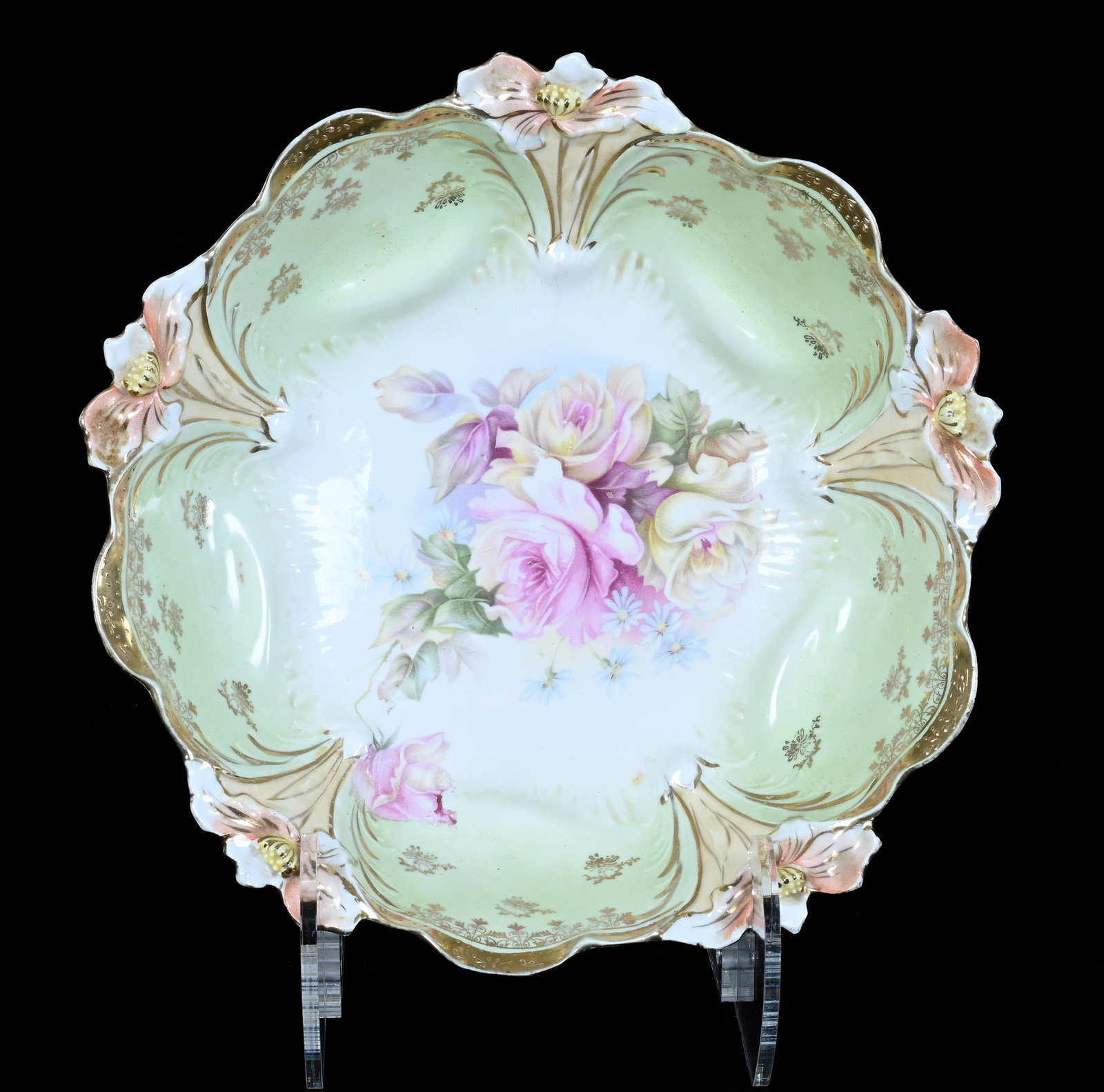 Bowl, Unmarked Prussia, Lily Mold: Bowl, Unmarked Prussia, Lily Mold, 10 x 10 x 2.75 Inches, Green, Cream, And White Tones With Pink And Yellow Rose Decor And Gold Trim Highlights, 1 Pound. LiveAuctioneers Invoices Must Be Paid Using t