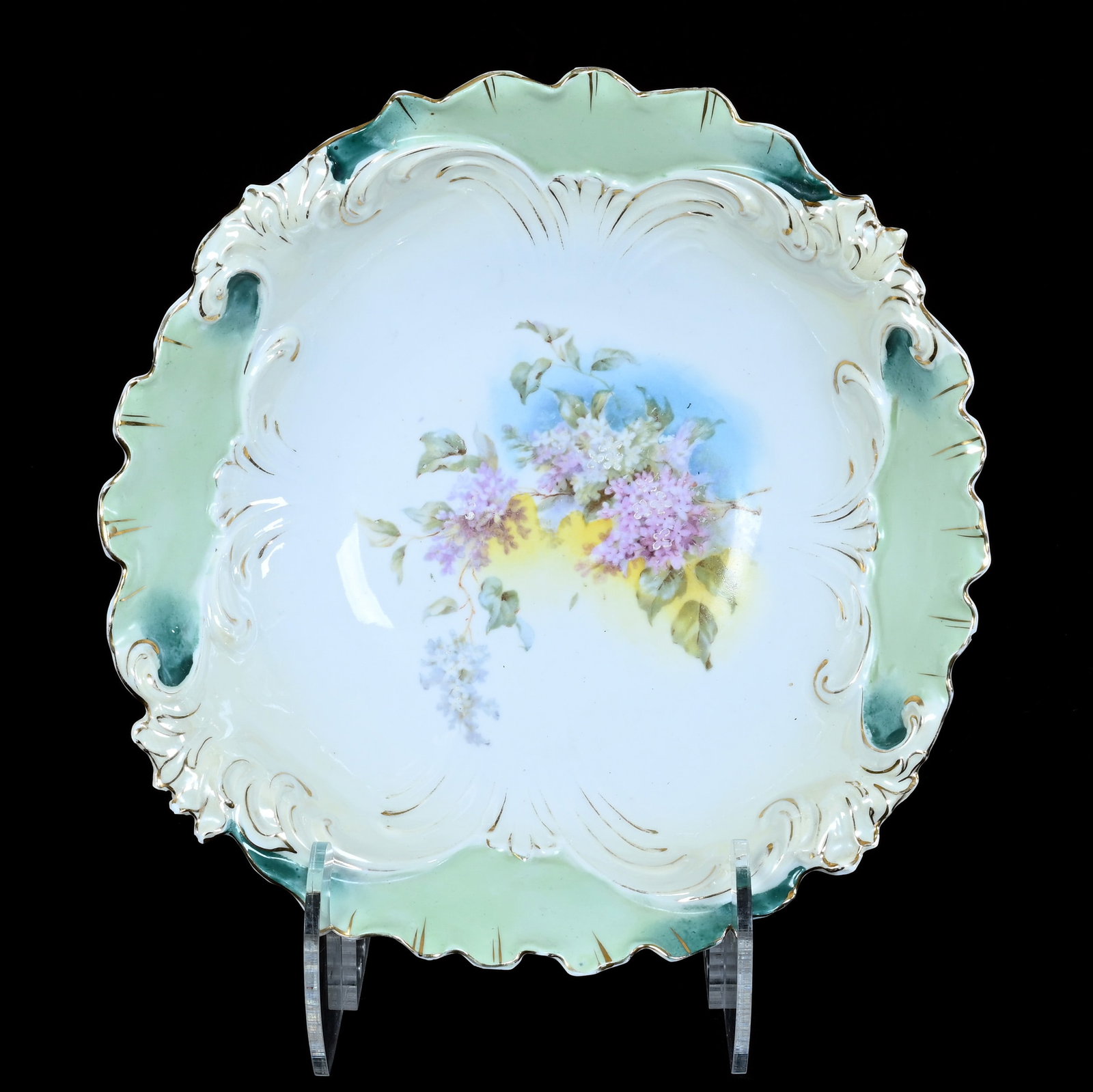 Bowl, Unmarked Prussia: Bowl, Unmarked Prussia, 10.5 x 10.5 x 2.75 Inches, Green, Cream, And White Tones With Floral Decor, Rim Nicks And Chips, 1.2 Pounds. LiveAuctioneers Invoices Must Be Paid Using the PAY NOW / CHECK OUT