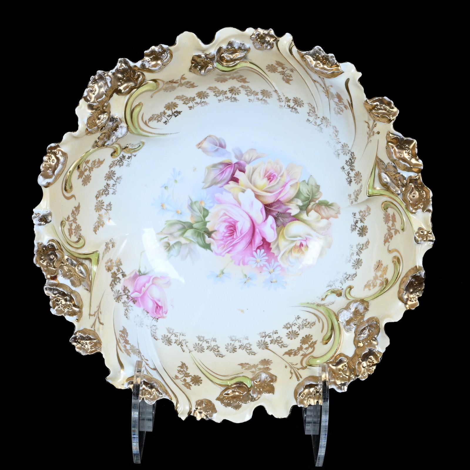 Bowl, Unmarked R.S. Prussia, Floral Mold: Bowl, Unmarked R.S. Prussia, Floral Mold, 10 x 10 x 3 Inches, White With Cream Border, Pink And Yellow Rose Decor, Green And Gold Highlights, 1.1 Pounds. LiveAuctioneers Invoices Must Be Paid Using th