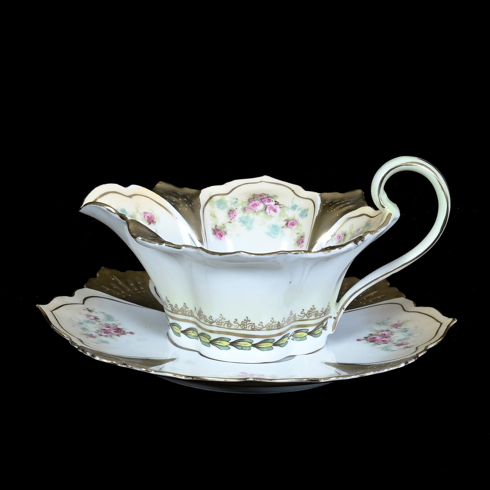 Gravy Boat And Underplate, Marked R.S. Prussia: Gravy Boat And Underplate, Marked R.S. Prussia, 3.25 x 6.5 x 6.5 Inches, Cream And White With Pink Rose Decor And Gold Trim Highlights, 0.5 Pounds. LiveAuctioneers Invoices Must Be Paid Using the PAY 