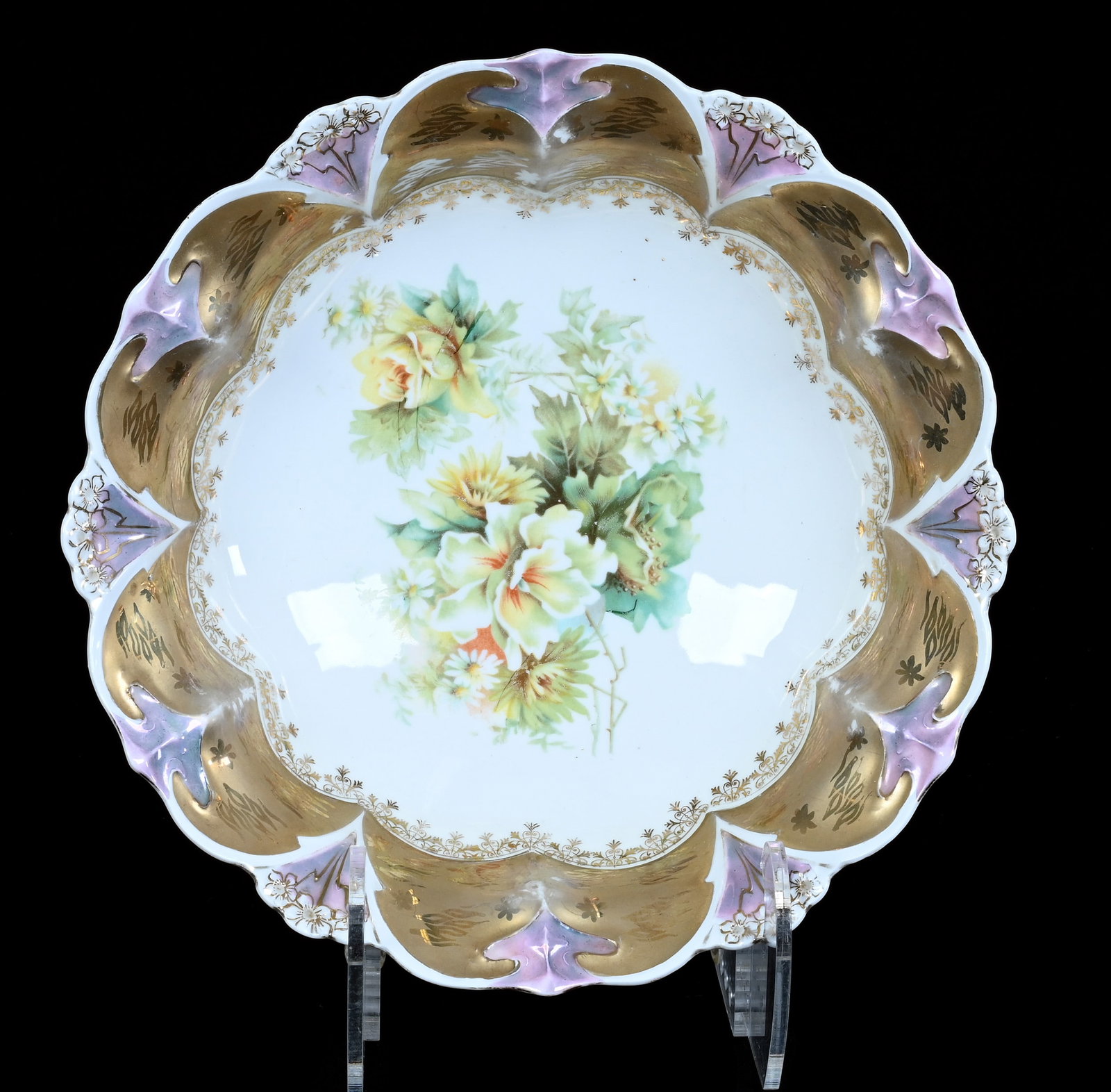 Bowl, Unmarked Prussia: Bowl, Unmarked Prussia, 10.5 x 10.5 x 3 Inches, White With Floral Decor, Heavy Gold Border With Lavender Highlights, Base Chip, 1.3 Pounds. LiveAuctioneers Invoices Must Be Paid Using the PAY NOW / CH