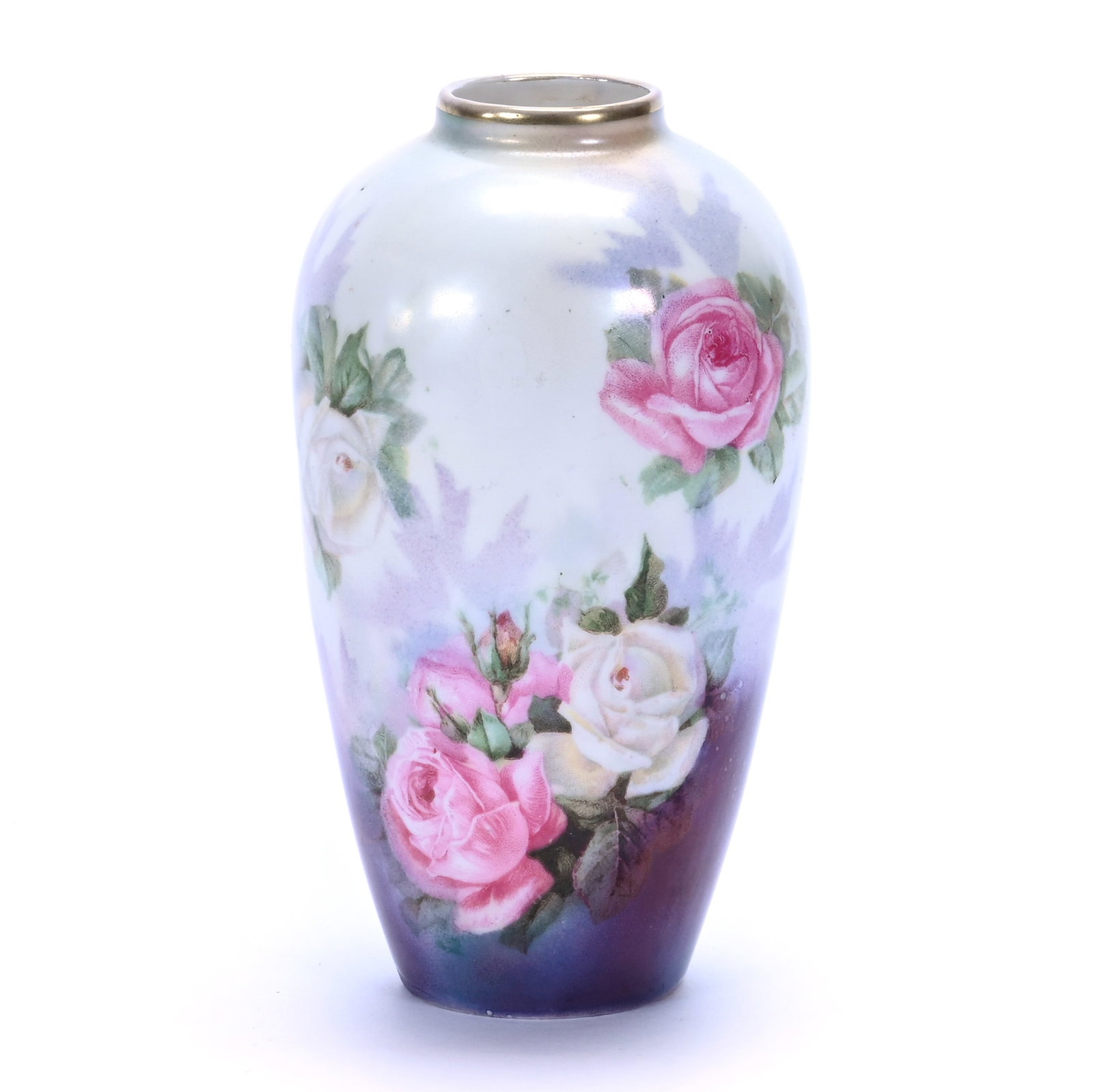 Vase, Marked R.S. Prussia: Vase, Marked R.S. Prussia, 5 x 2.75 x 2.75 Inches, Iridescent Tiffany And White Satin Finish With Pink And White Rose Decor, 0.4 Pounds. LiveAuctioneers Invoices Must Be Paid Using the PAY NOW / CHECK