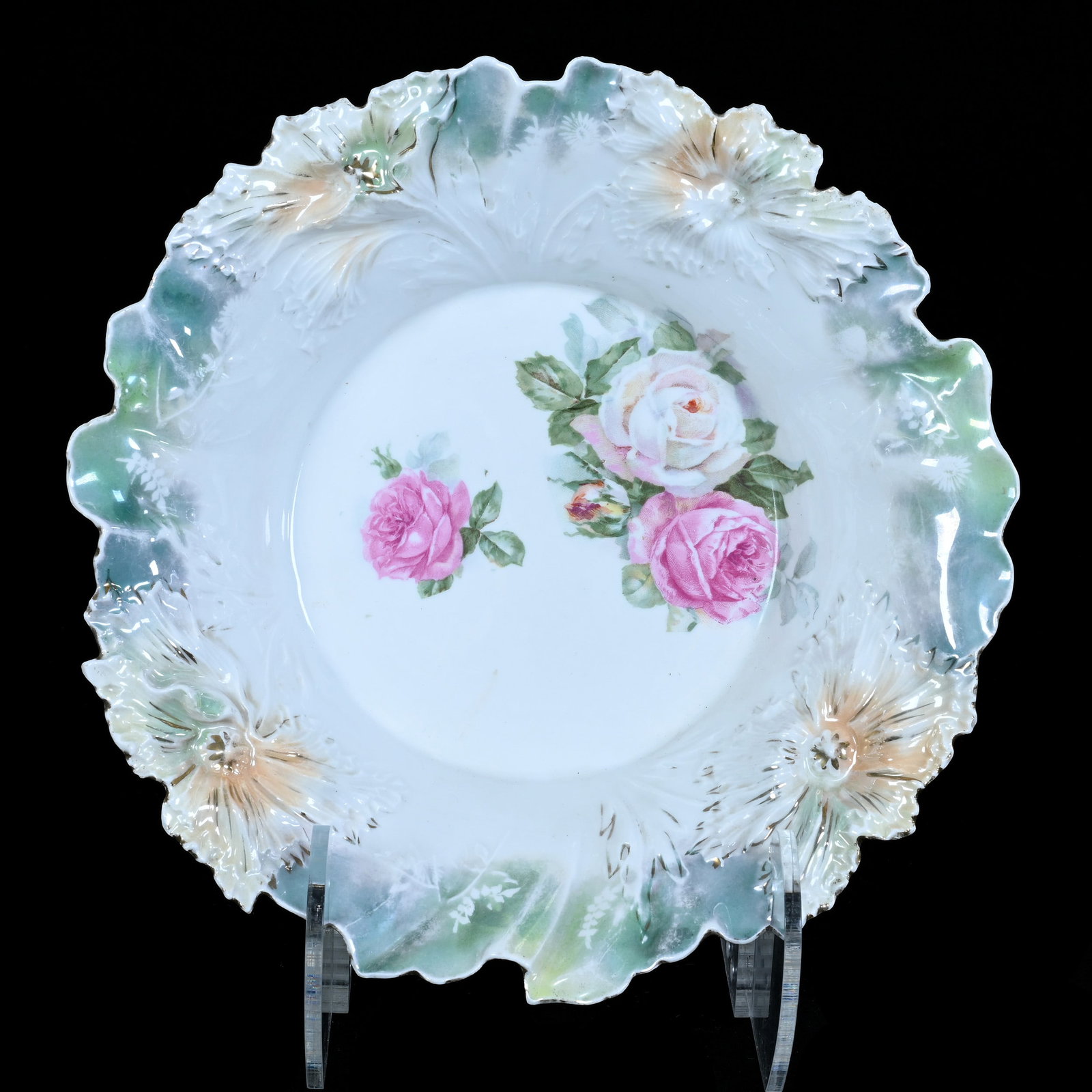 Bowl, Marked R.S. Prussia, Carnation Mold: Bowl, Marked R.S. Prussia, Carnation Mold, 9.75 x 9.75 x 2.5 Inches, Green And White Luster Finish With Pink And White Rose Decor, Backside Rim Chip, 1 Pound. LiveAuctioneers Invoices Must Be Paid