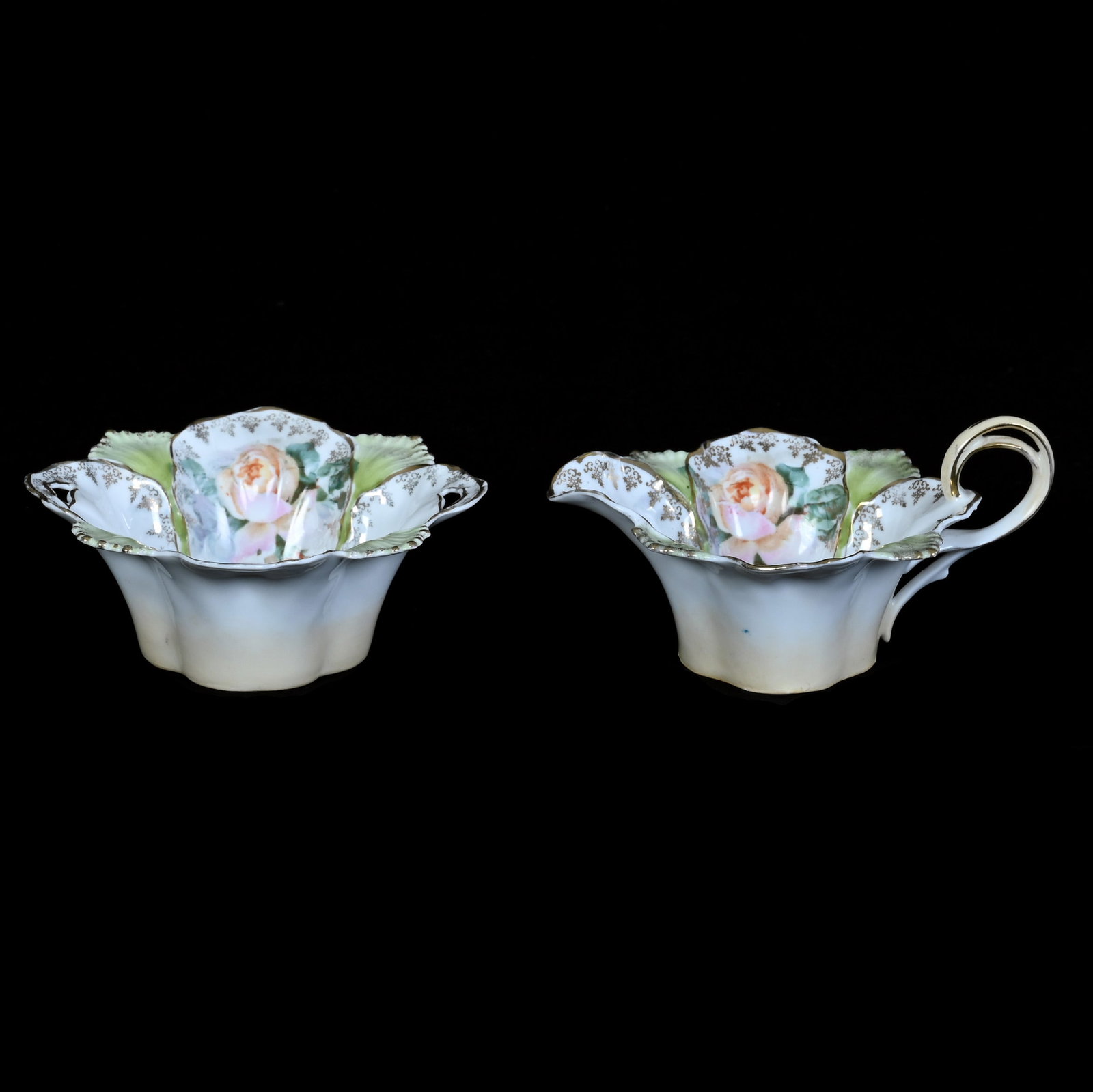 Creamer And Open Sugar, Marked R.S. Prussia: Creamer And Open Sugar, Marked R.S. Prussia, 3 x 5.75 x 5.25 Inches, White, Cream, And Green Tones With Rose Decor, 0.4 Pounds. LiveAuctioneers Invoices Must Be Paid Using the PAY NOW / CHECK OUT
