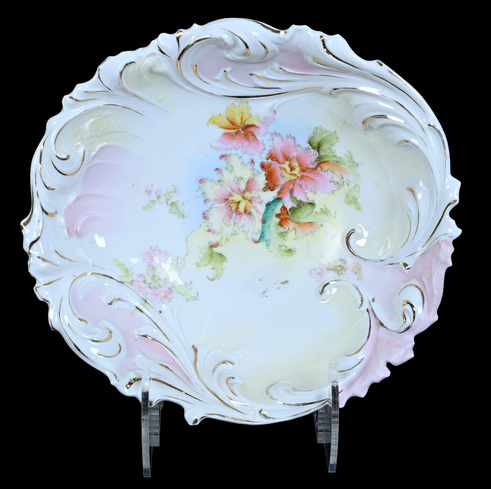Bowl, Unmarked Early R.S. Prussia: Bowl, Unmarked Early R.S. Prussia, 10.5 x 10 x 3 Inches, Pink, Yellow, Blue, And White Tones With Floral Decor, 1.4 Pounds. LiveAuctioneers Invoices Must Be Paid Using the PAY NOW / CHECK OUT Button