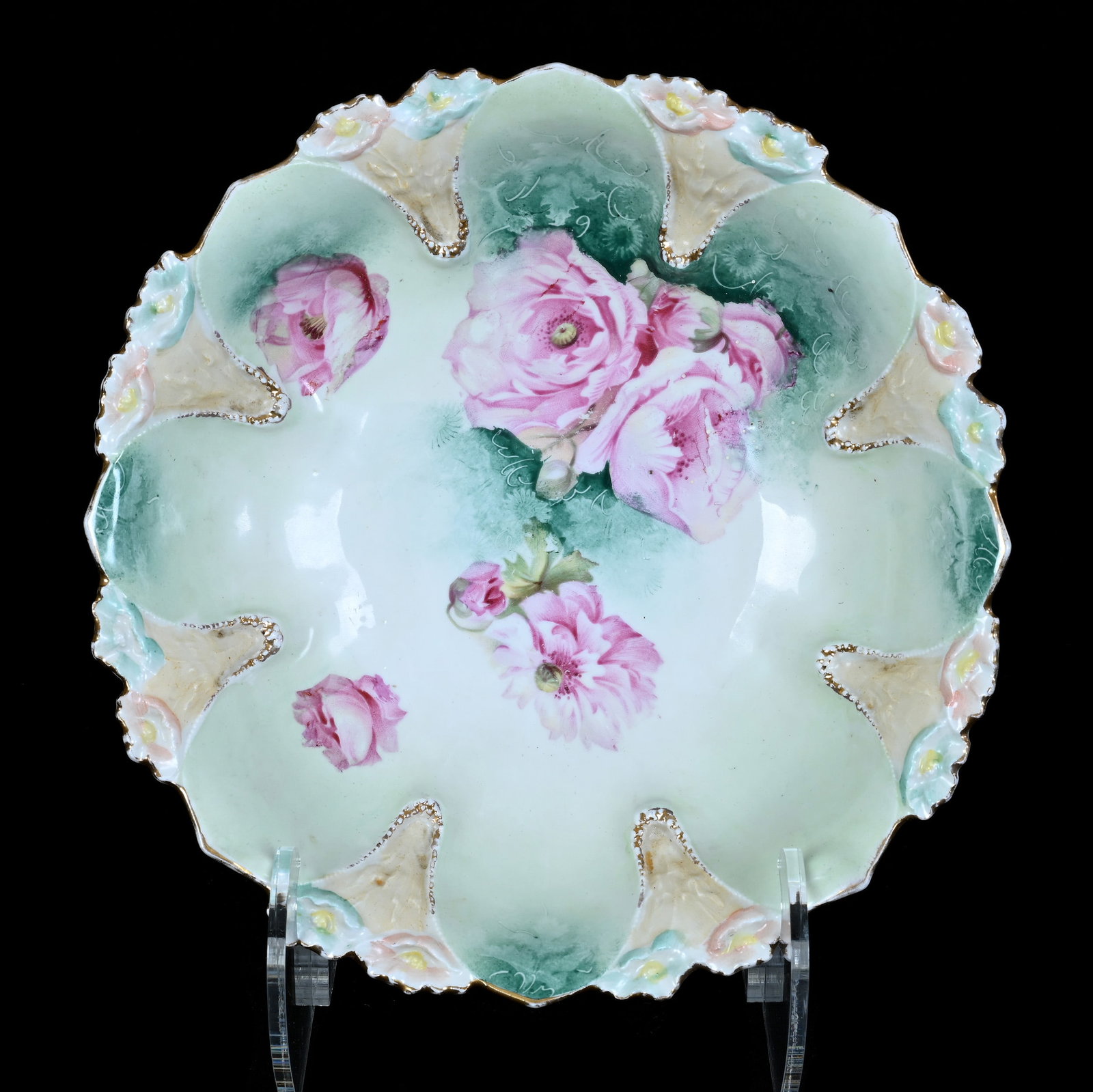 Bowl, Marked R.S. Prussia: Bowl, Marked R.S. Prussia, 9 x 9 x 2.5 Inches, Green And Cream Tones With Pink Poppy Decor, 0.9 Pounds. LiveAuctioneers Invoices Must Be Paid Using the PAY NOW / CHECK OUT Button Which Includes Fees